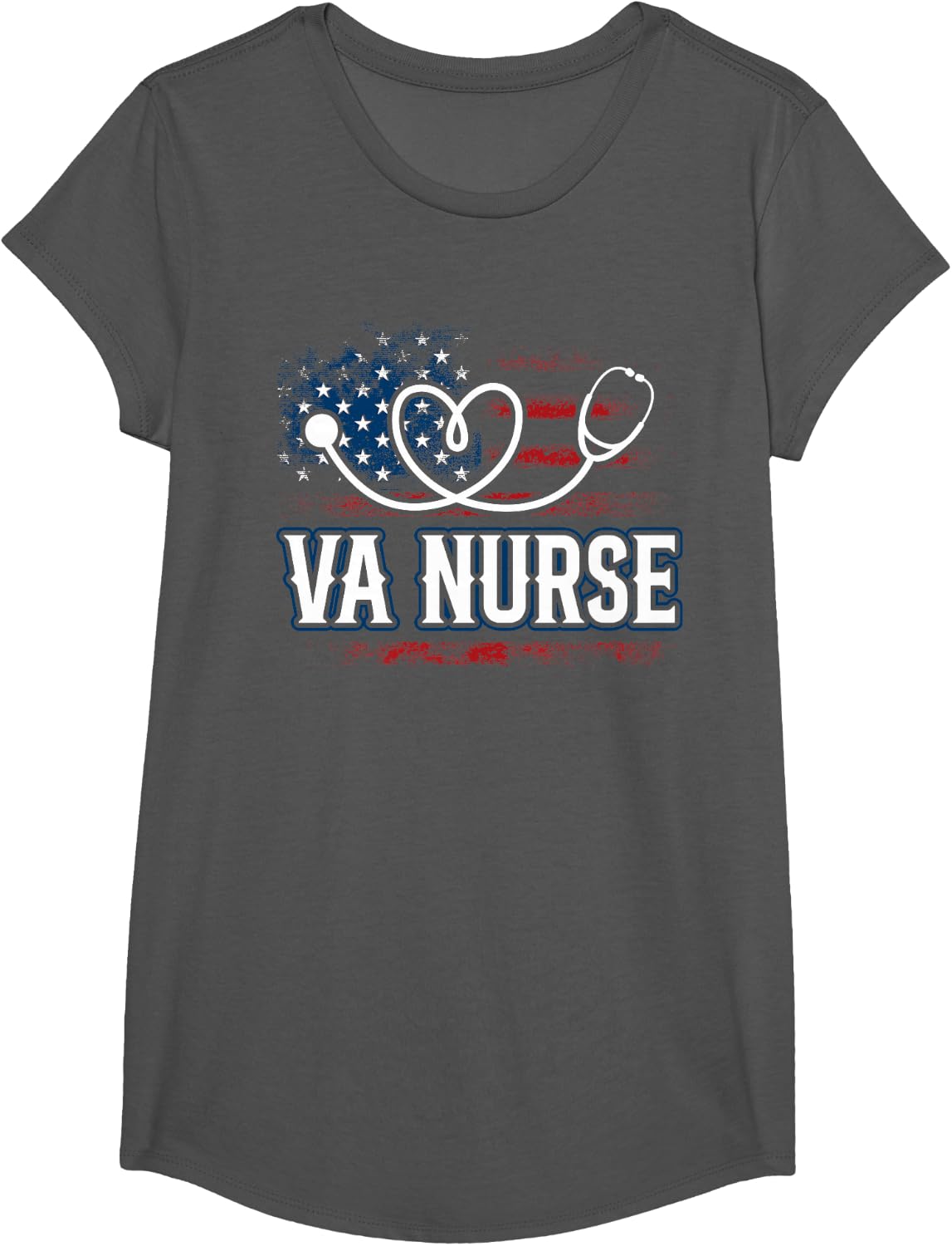Womens American Flag VA Nurse Patriotic 4th of July Vintage T-Shirt - Girls Asphalt Grey