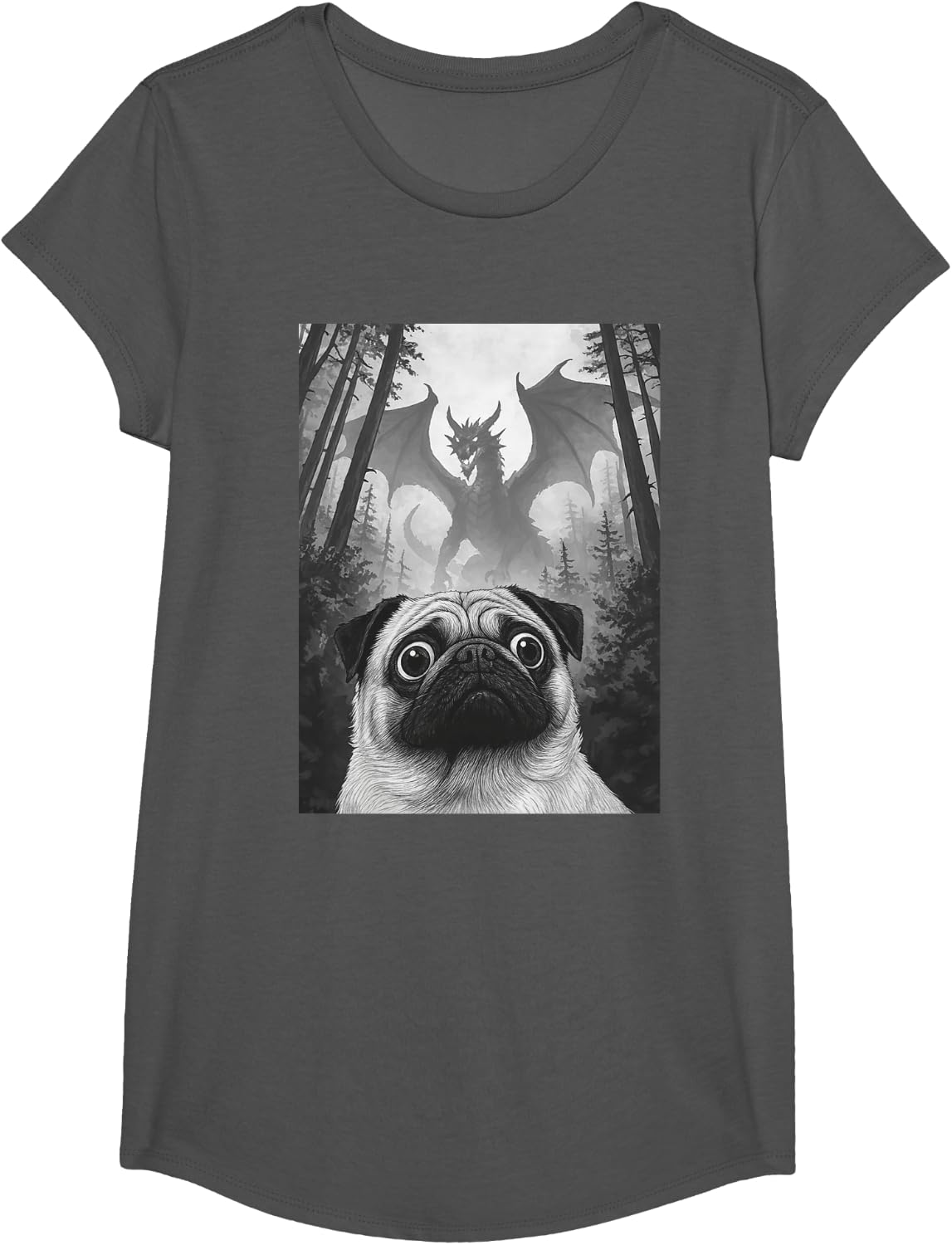 Dog Pug Selfie With Dragon Funny T-Shirt - Girls Asphalt Grey