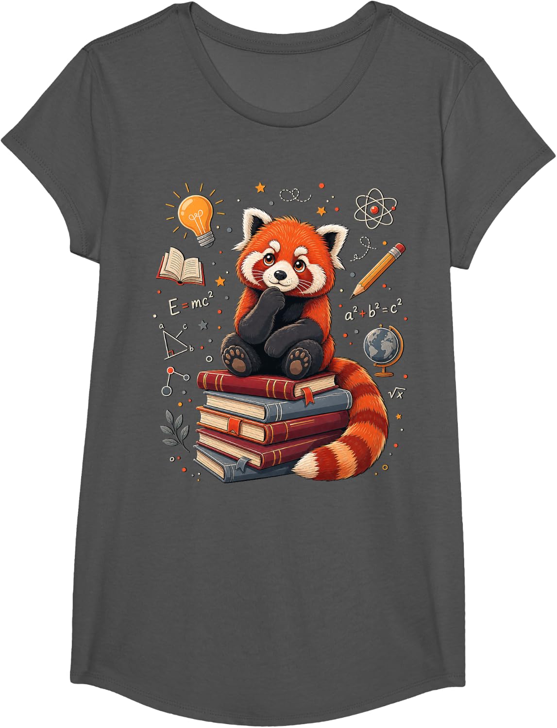 Red Panda Sitting on Stack of Books T-Shirt - Girls Asphalt Grey