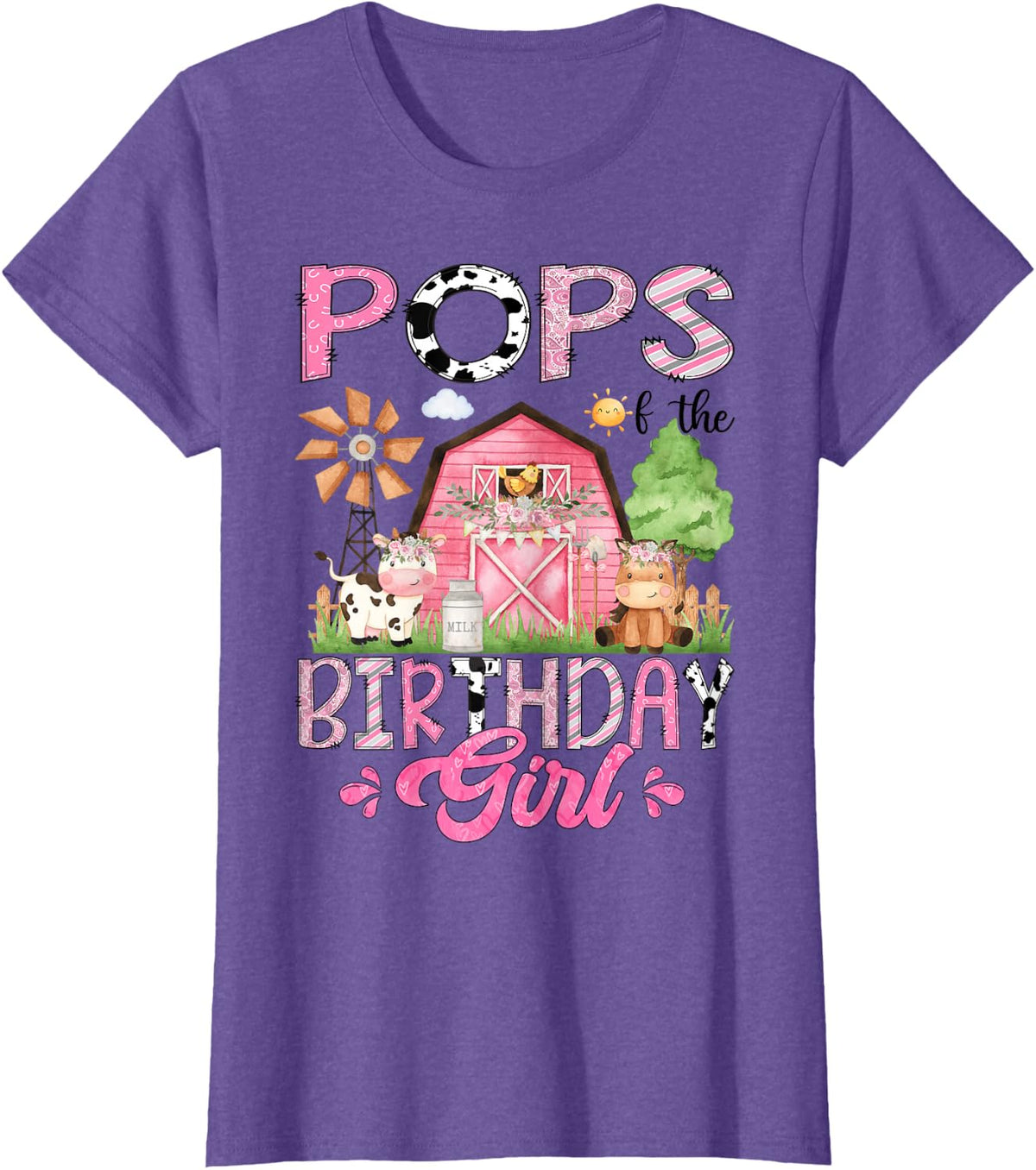 Pops of The Birthday Girl Pink Farm Cow Animals Lover T-Shirt - Purple Heather