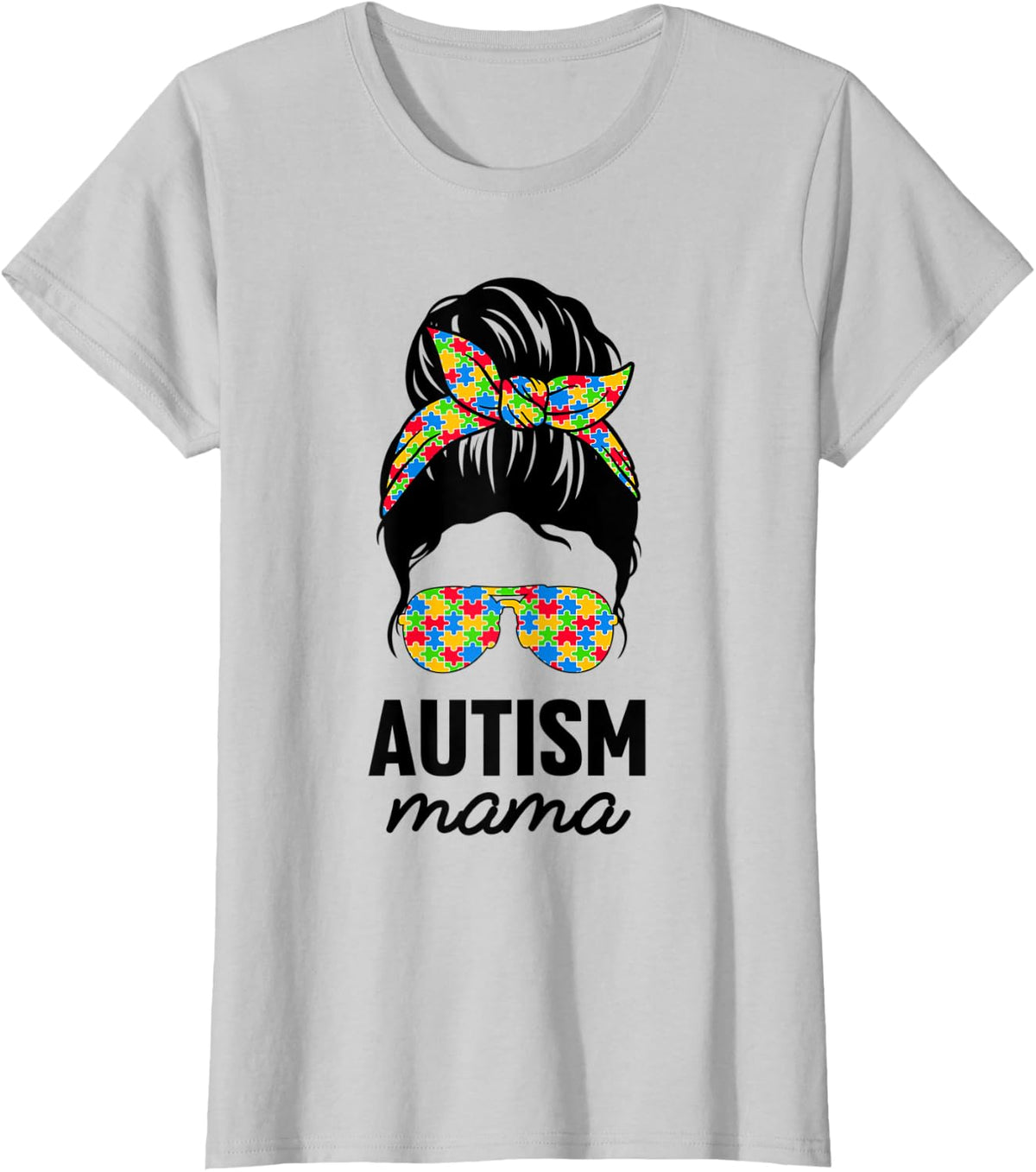 Autism Mama Messy Bun Autism Awareness Mom ASD Autistic Mama T-Shirt - Silver Grey