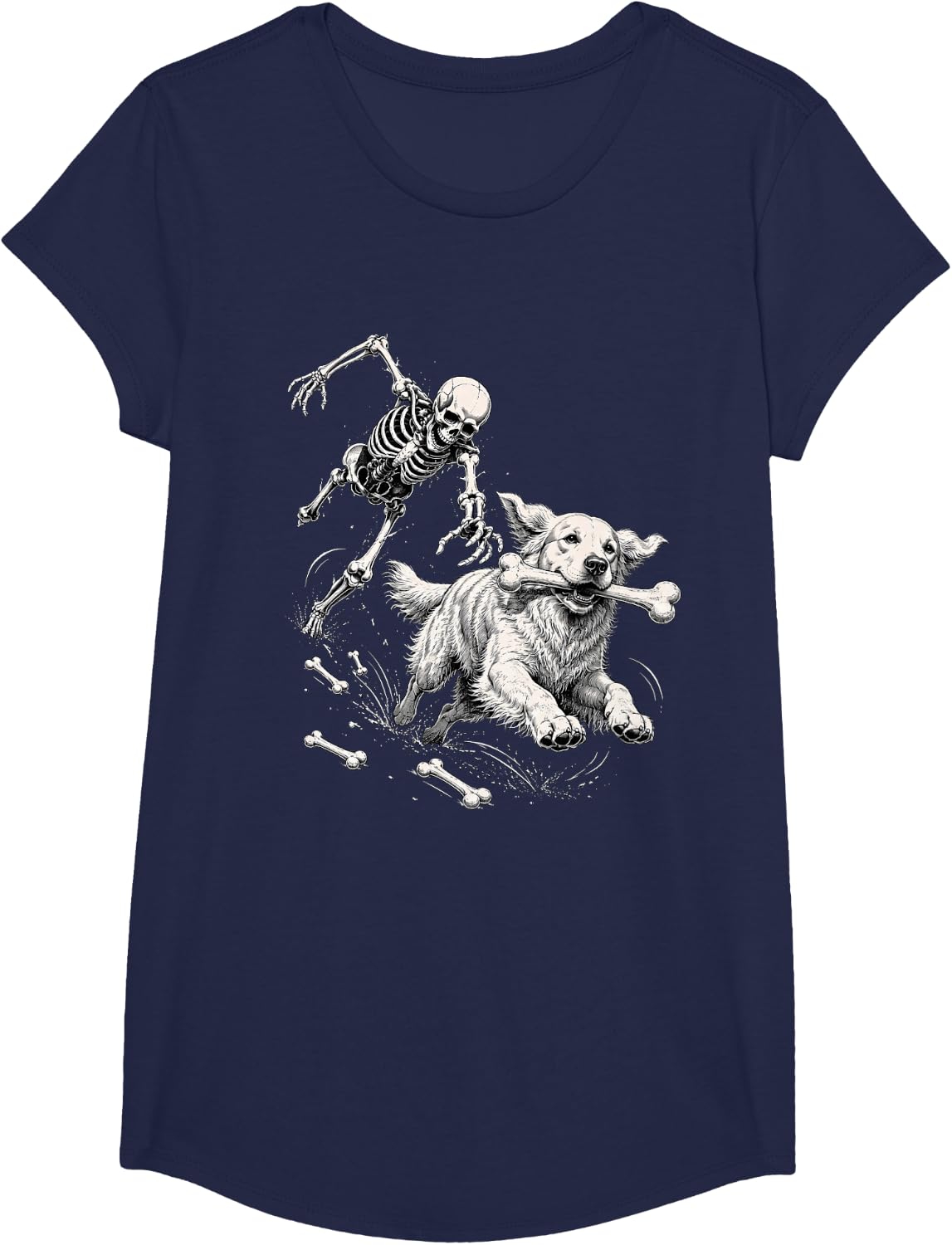 Humor Halloween Skeleton Chasing Golden Retriever T-Shirt - Girls Navy Blue