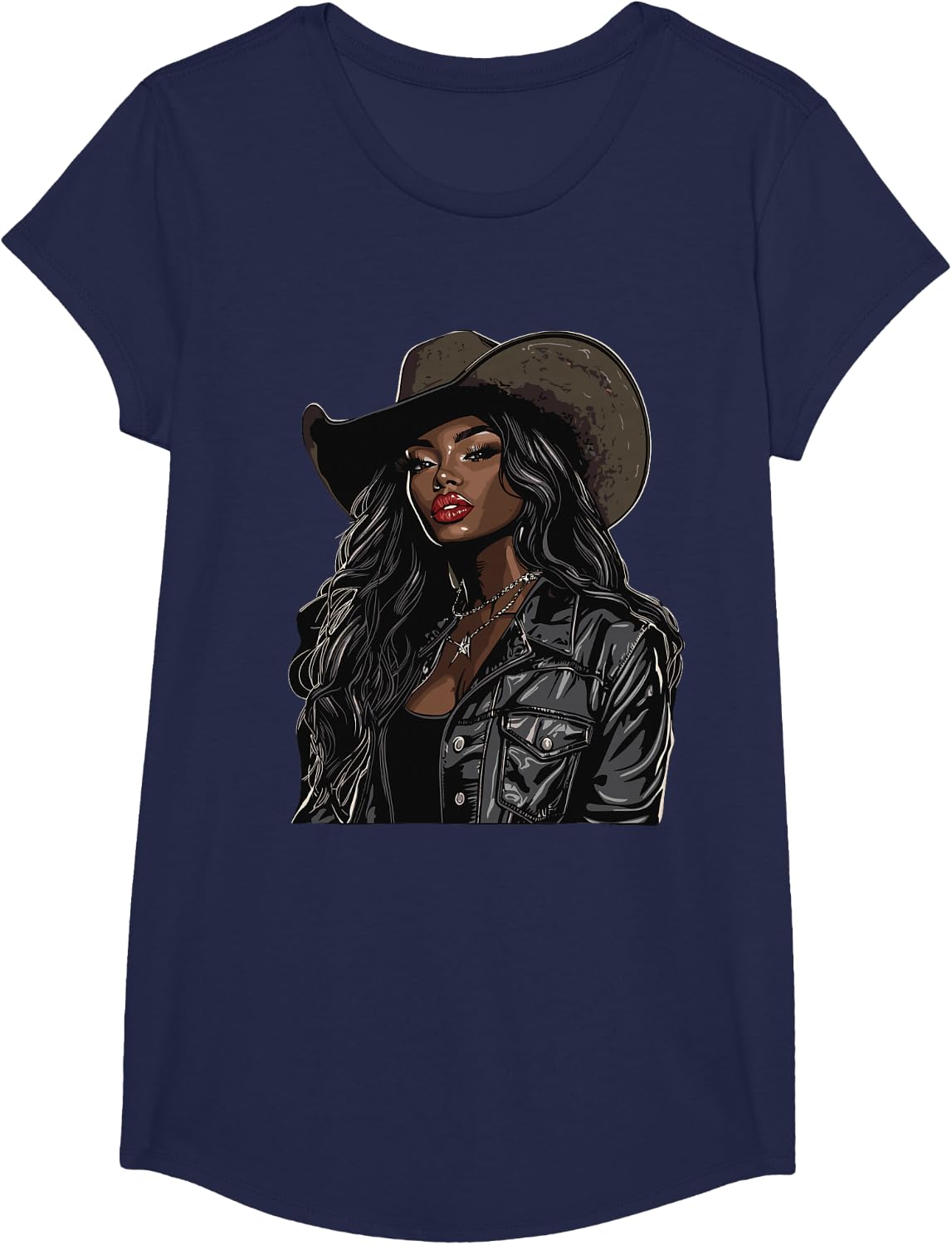 Black African American Cowgirl Western Country Texas Rodeo T-Shirt - Girls Navy Blue