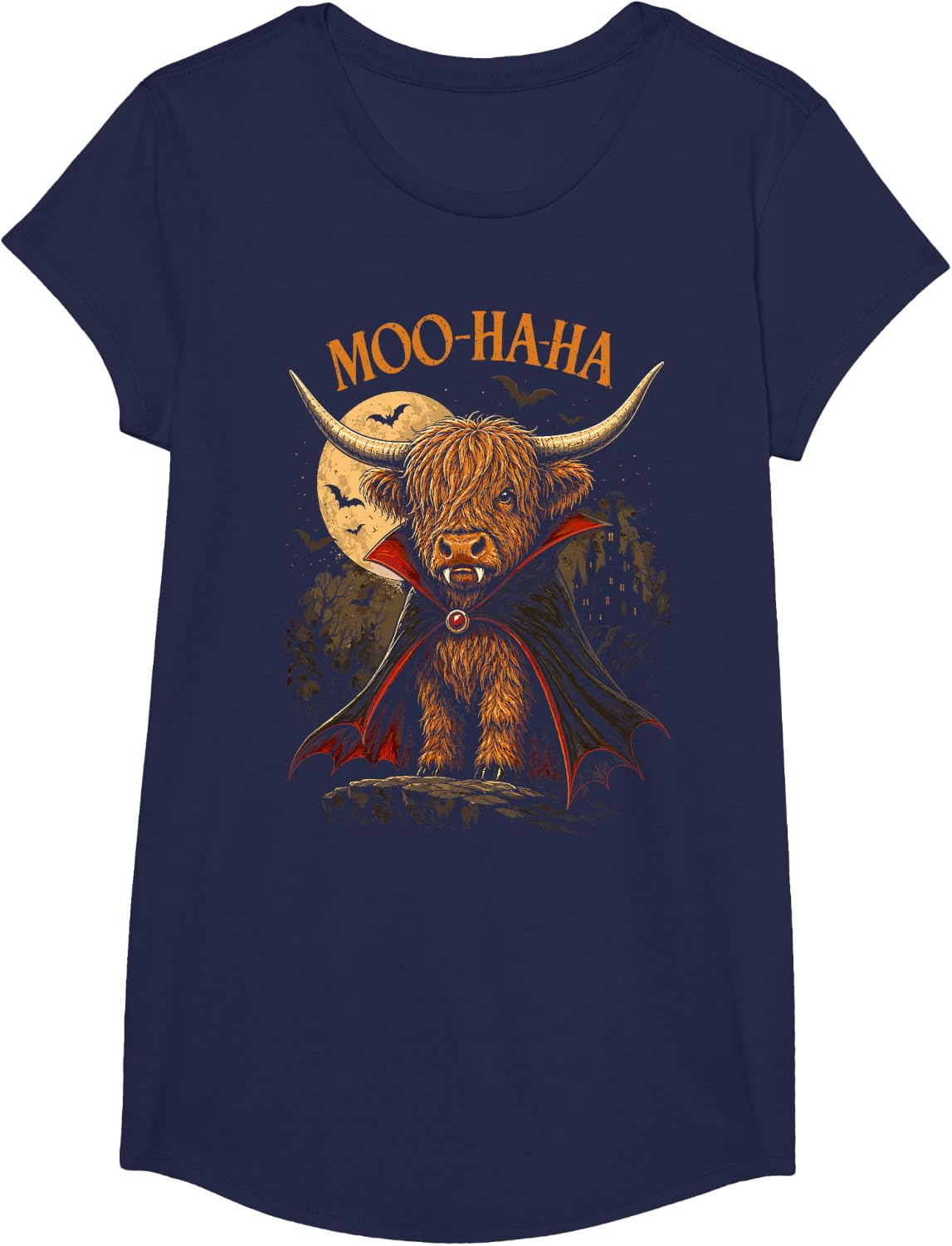 Halloween Highland Cow Moo Ha Ha Vampire Halloween T-Shirt - Girls Navy Blue