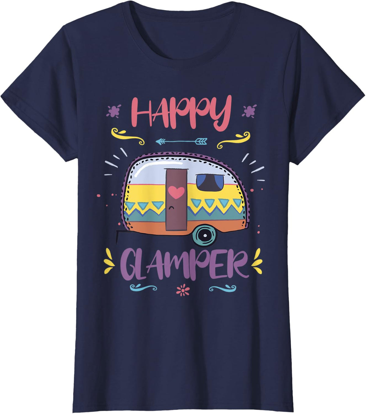 Womens Happy Glamper Camping Lover Girl Camper Camp Vacation TShirt T-Shirt - Navy Blue