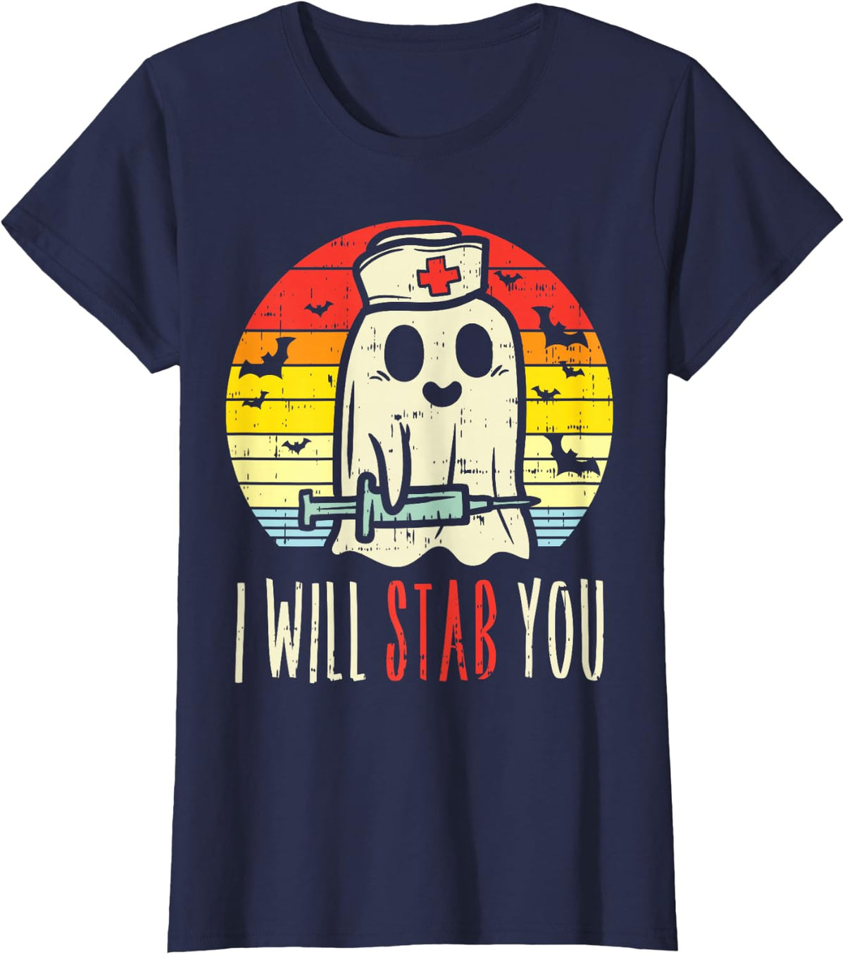 Will Stab You Ghost Nurse Retro Halloween Nursing RN T-Shirt - Navy Blue