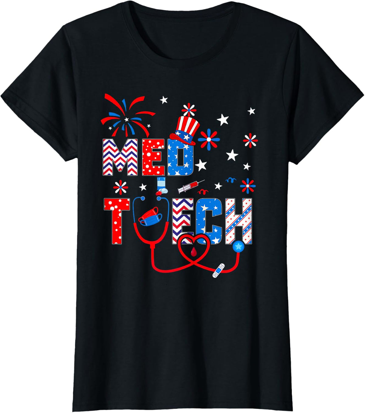 4th Of July Shirt For Women Stethoscope Patriotic Med Tech T-Shirt - Black