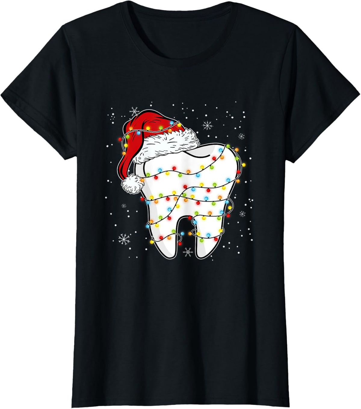 Dentist Christmas Funny Teeth Christmas Light Dental Crew T-Shirt - Black