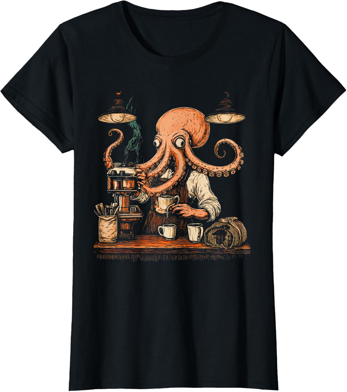 Vintage 90s Cool Octopus Barista Funny Caffeine Coffee Lover T-Shirt - Black