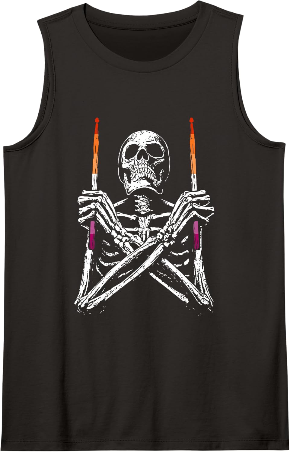 Skeleton Drummer Lesbian LGBT-Q Pride Rainbow Drum Stick Sleeveless Tank Top - Black