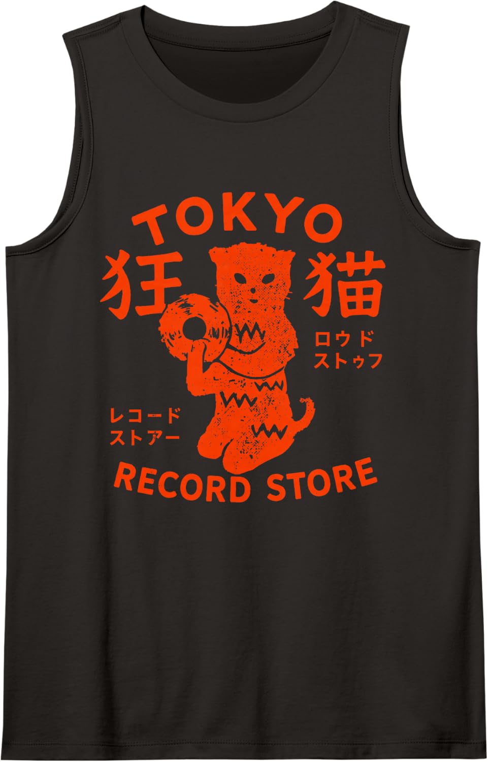 Tokyo Record Store Cat Vinyl Record Player Rock Japanese Art Sleeveless Tank Top - Black