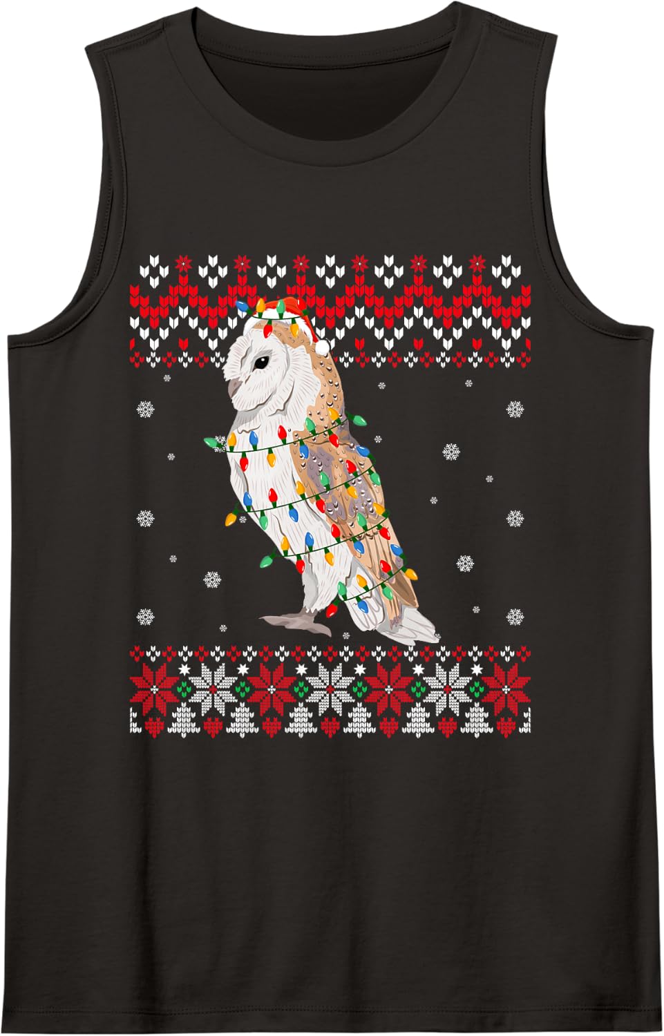 Barn Owl Bird Santa Hat Men Women Kids Ugly Christmas Light Sleeveless Tank Top - Black