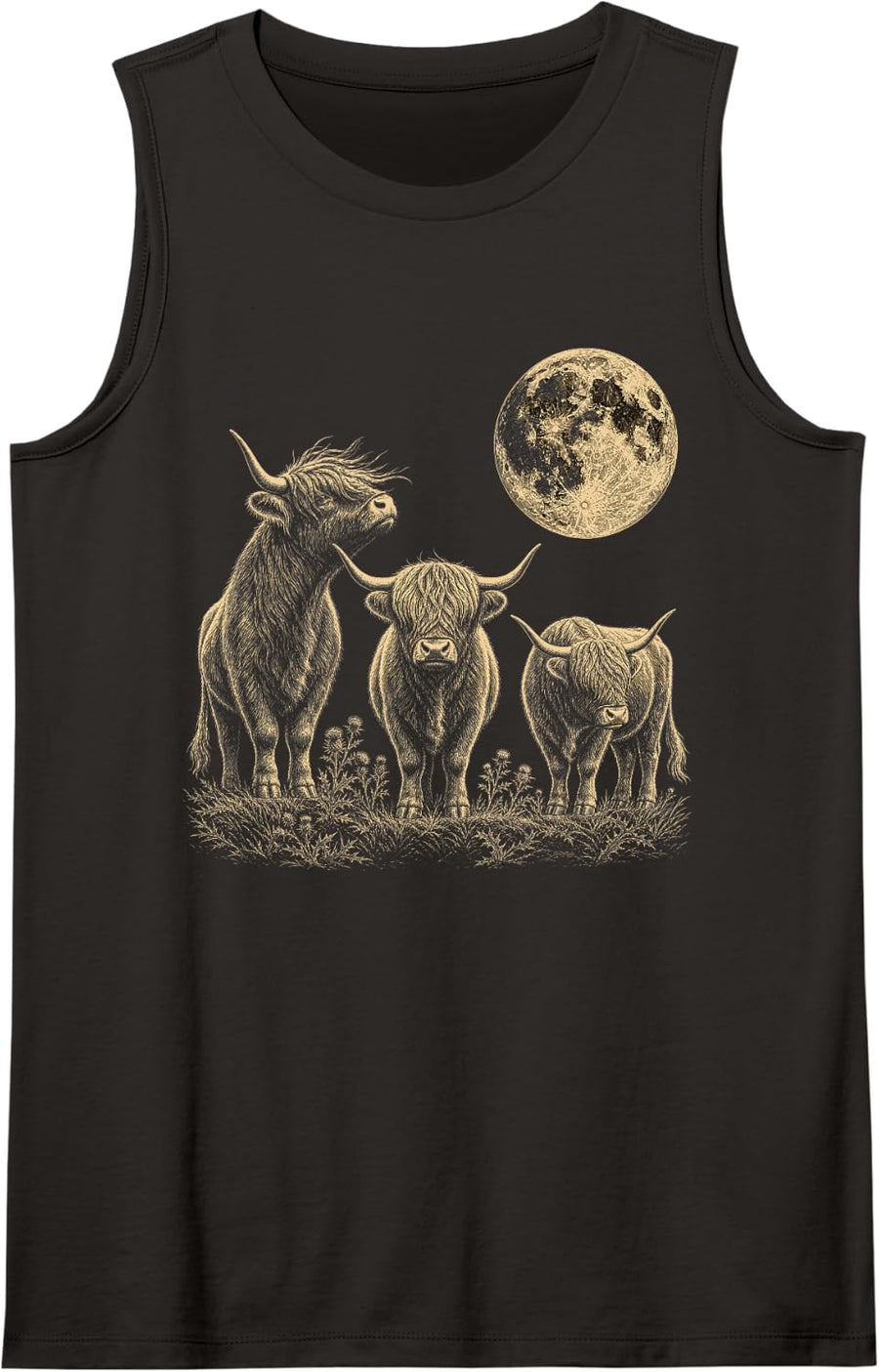 Three Highland Cows Moon Scottish Coo Parody Design Sleeveless Tank Top - Black