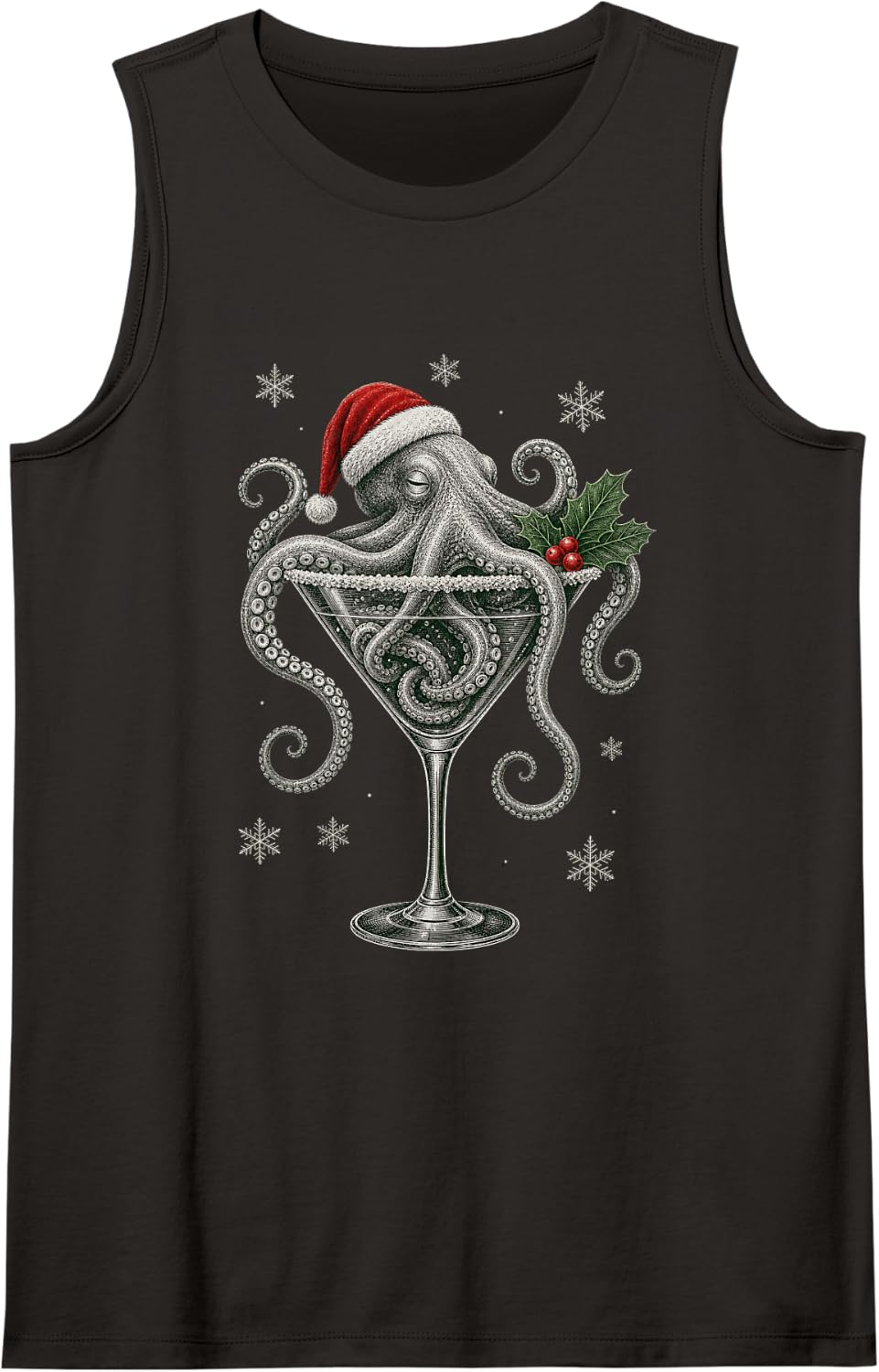 Christmas Martini Octopus Santa Hat Funny Cocktail Lover Sleeveless Tank Top - Black