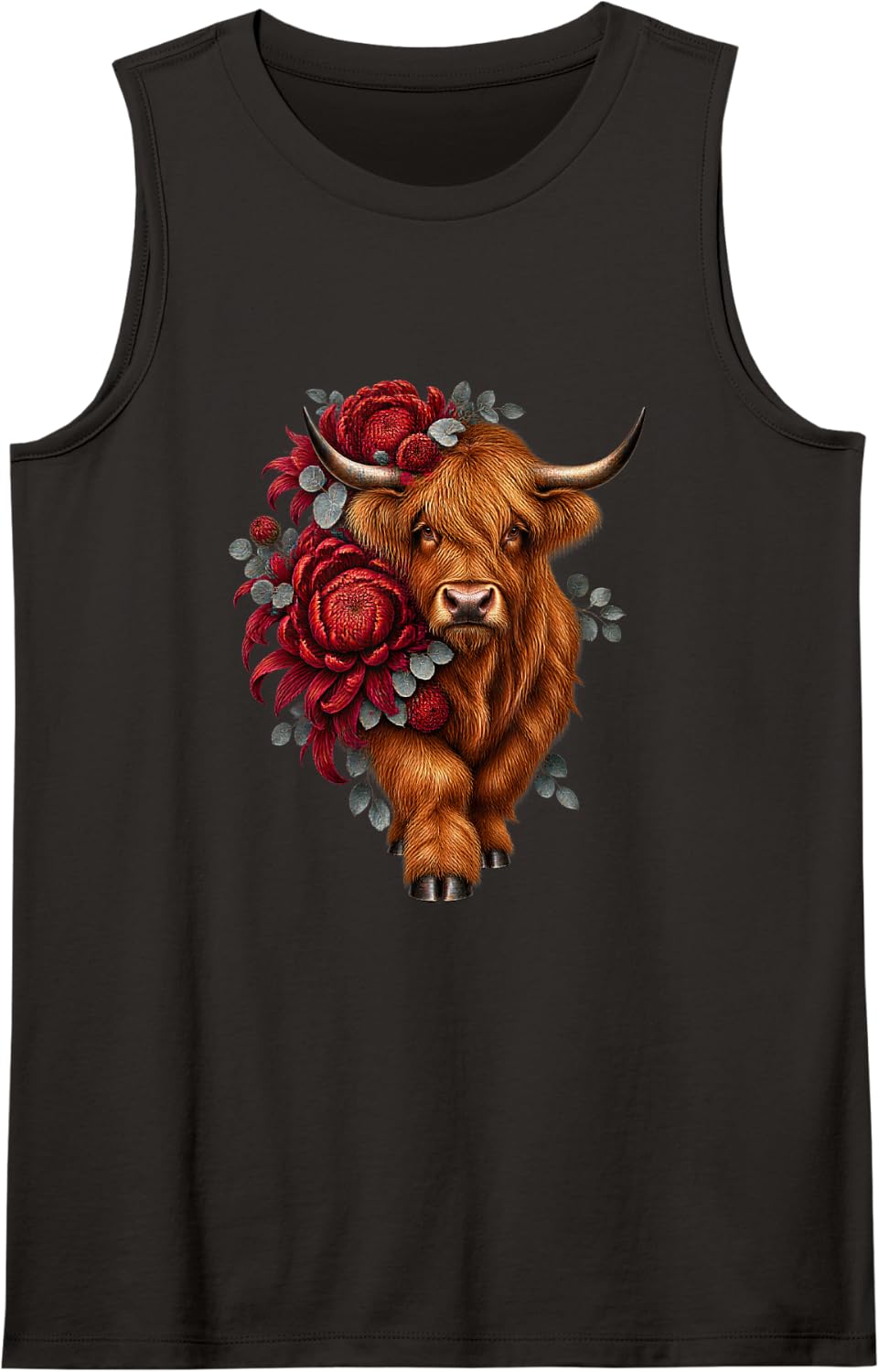 Highland Cow with Red Chrysanthemums and Silver Eucalyptus Sleeveless Tank Top - Black