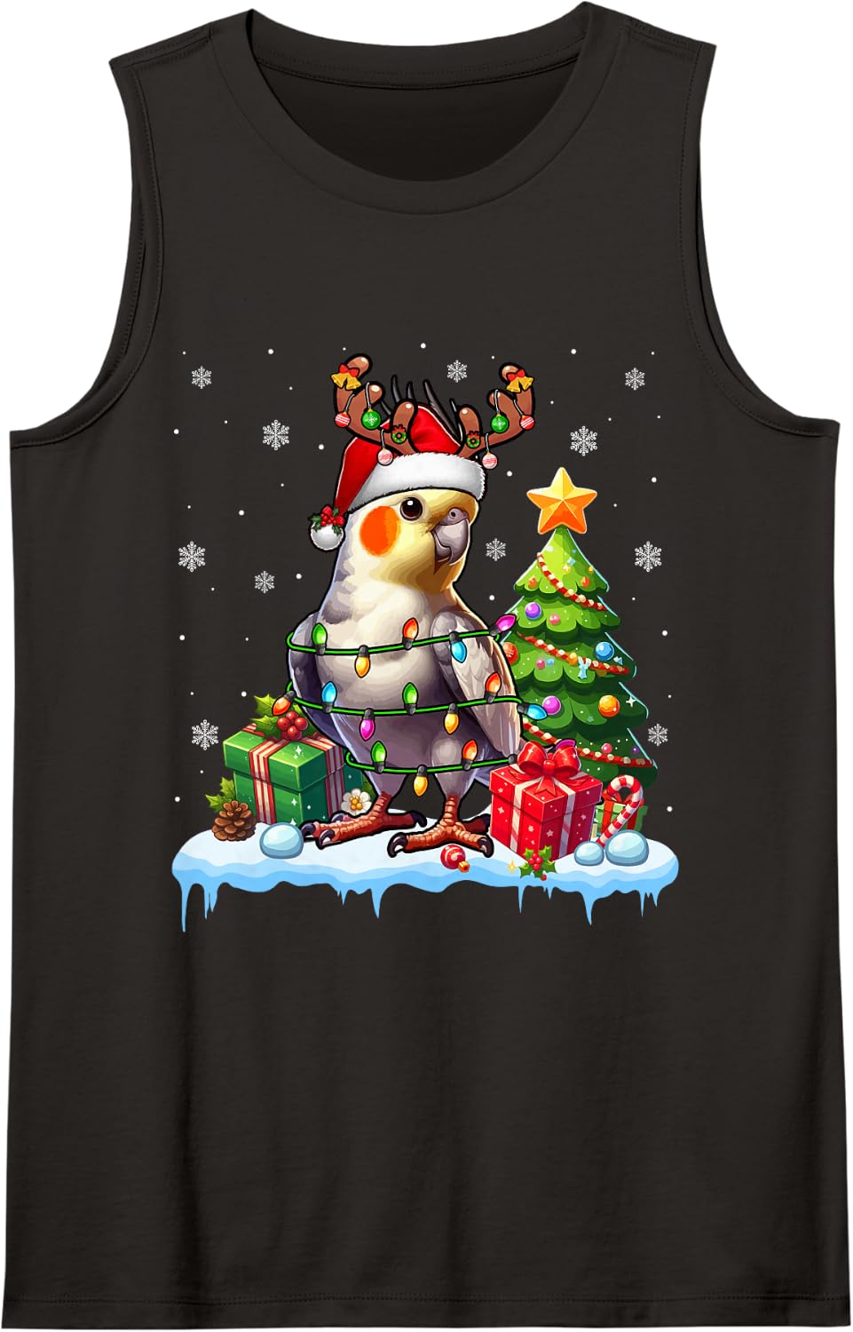 Santa Reindeer Cockatiel Xmas Lights Bird Ornithologist Sleeveless Tank Top - Black