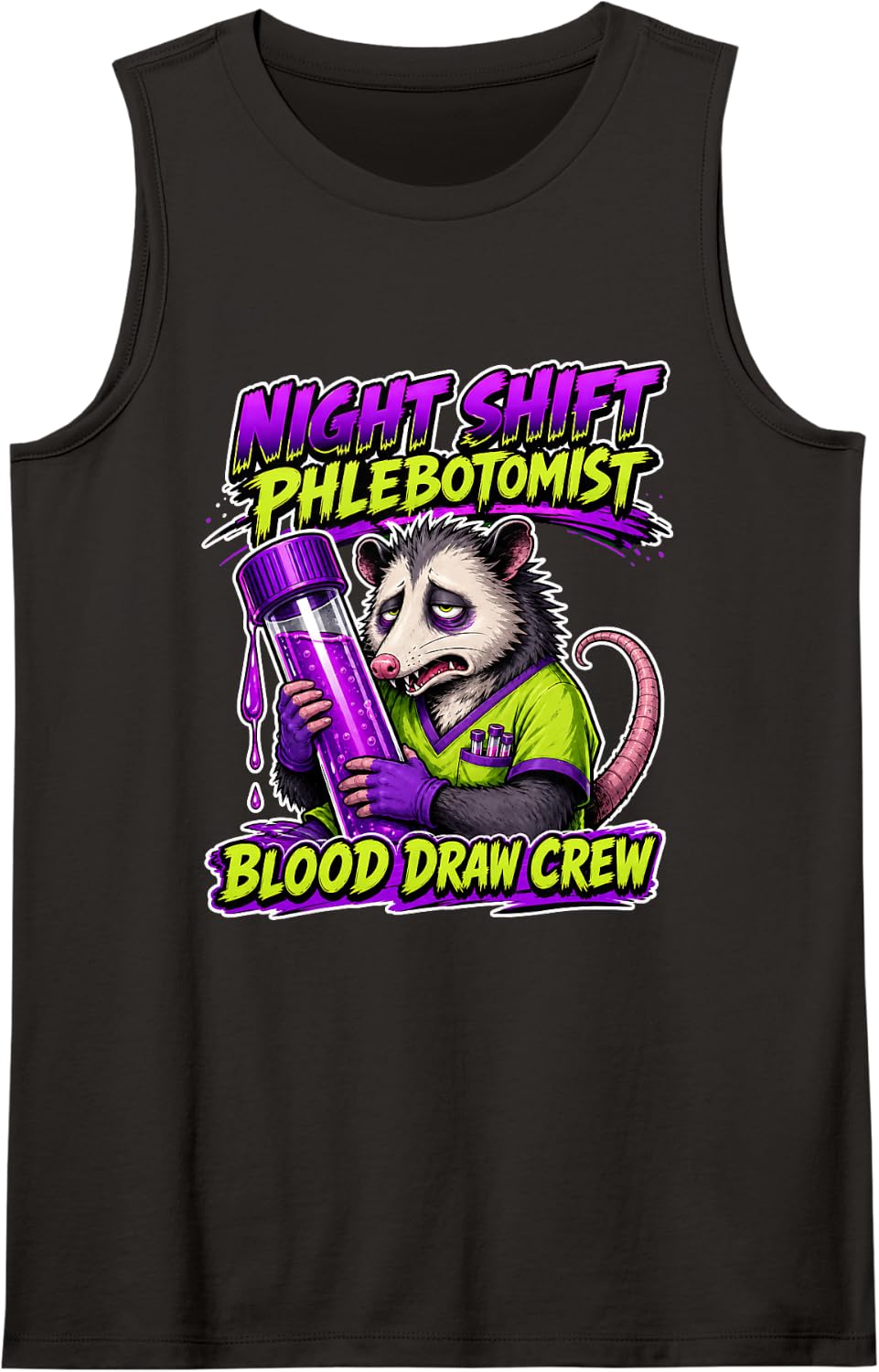 Night Shift Phlebotomist Funny Opossum Blood Draw Crew Sleeveless Tank Top - Black