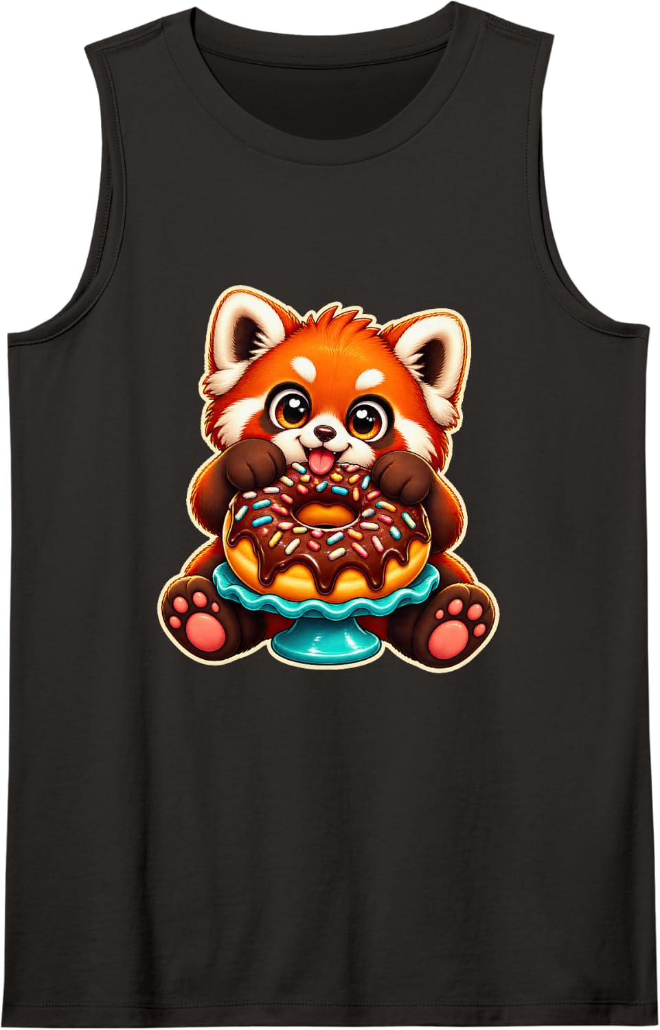 Rust Colored Panda with Chocolate Donut Sleeveless Tank Top - Black