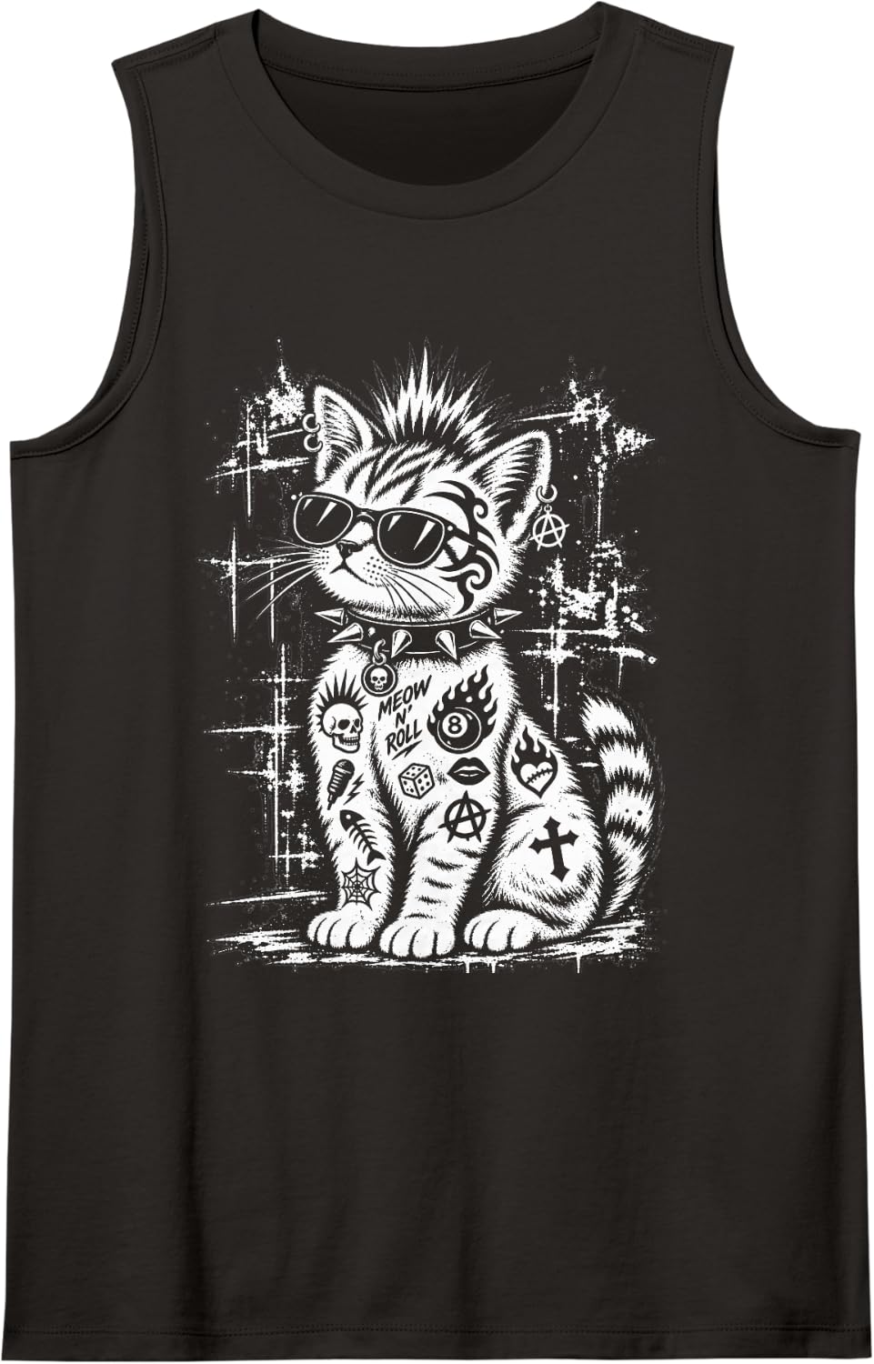 Punk Rock Kitten Tattoo Sunglasses Meow N Roll Art Sleeveless Tank Top - Black