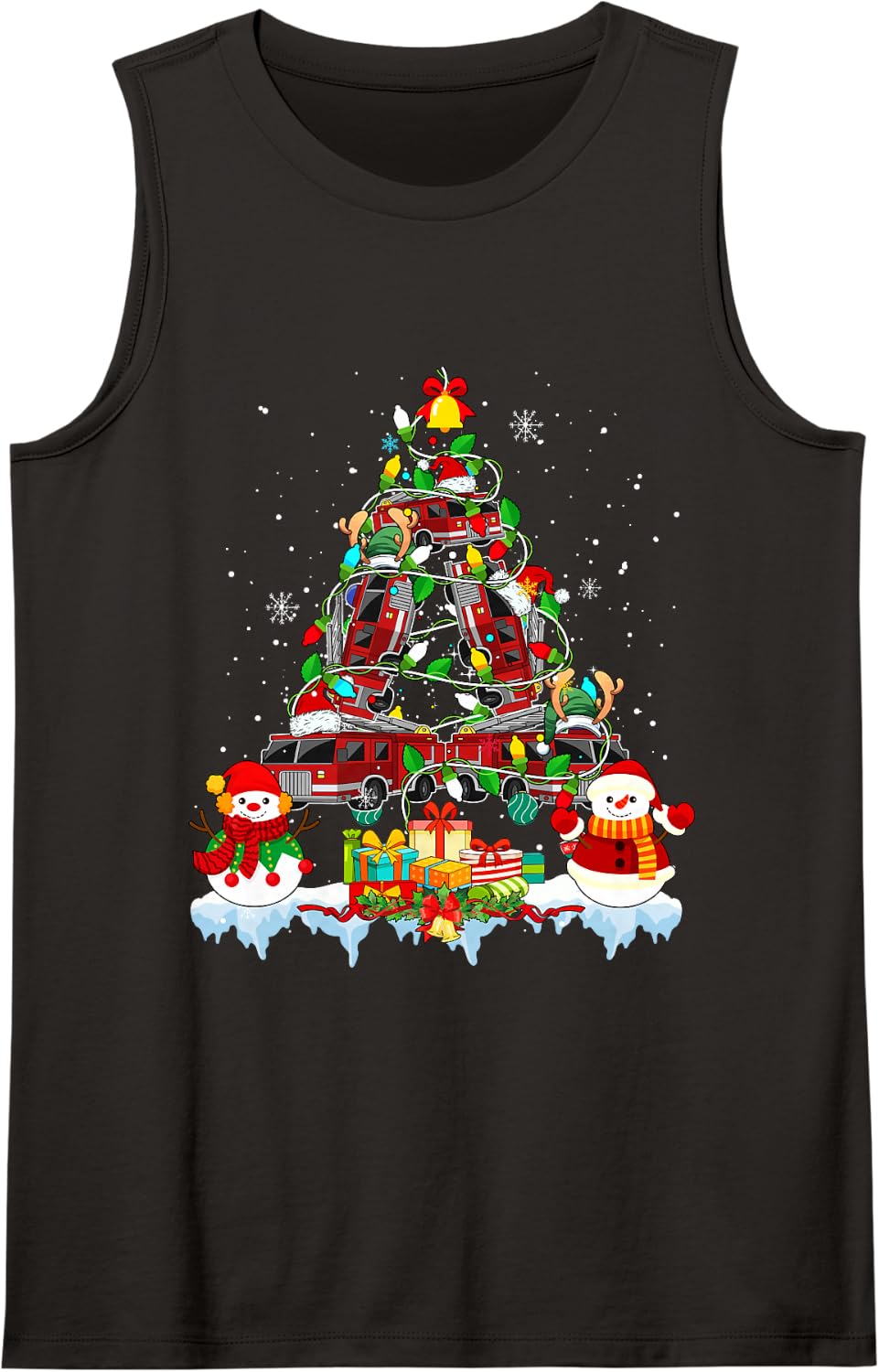 Santa Reindeer Elf Firefighter Trucks As Christmas Tree Sleeveless Tank Top - Black