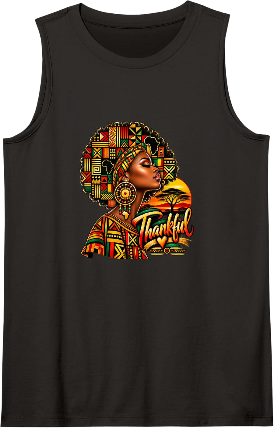 Thankful African Woman African Heritage Graphic Tee Sleeveless Tank Top - Black
