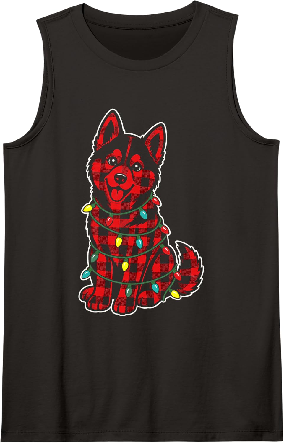 Christmas German Shepherd Buffalo Plaid Lights Holiday Sleeveless Tank Top - Black