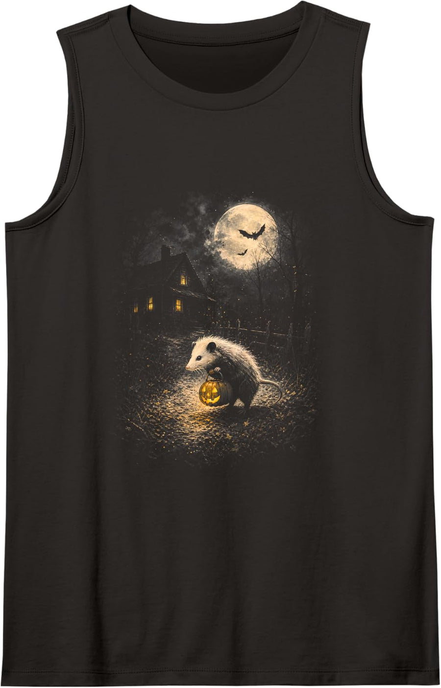 Opossum Holding Pumpkin Halloween Spooky Animal Sleeveless Tank Top - Black