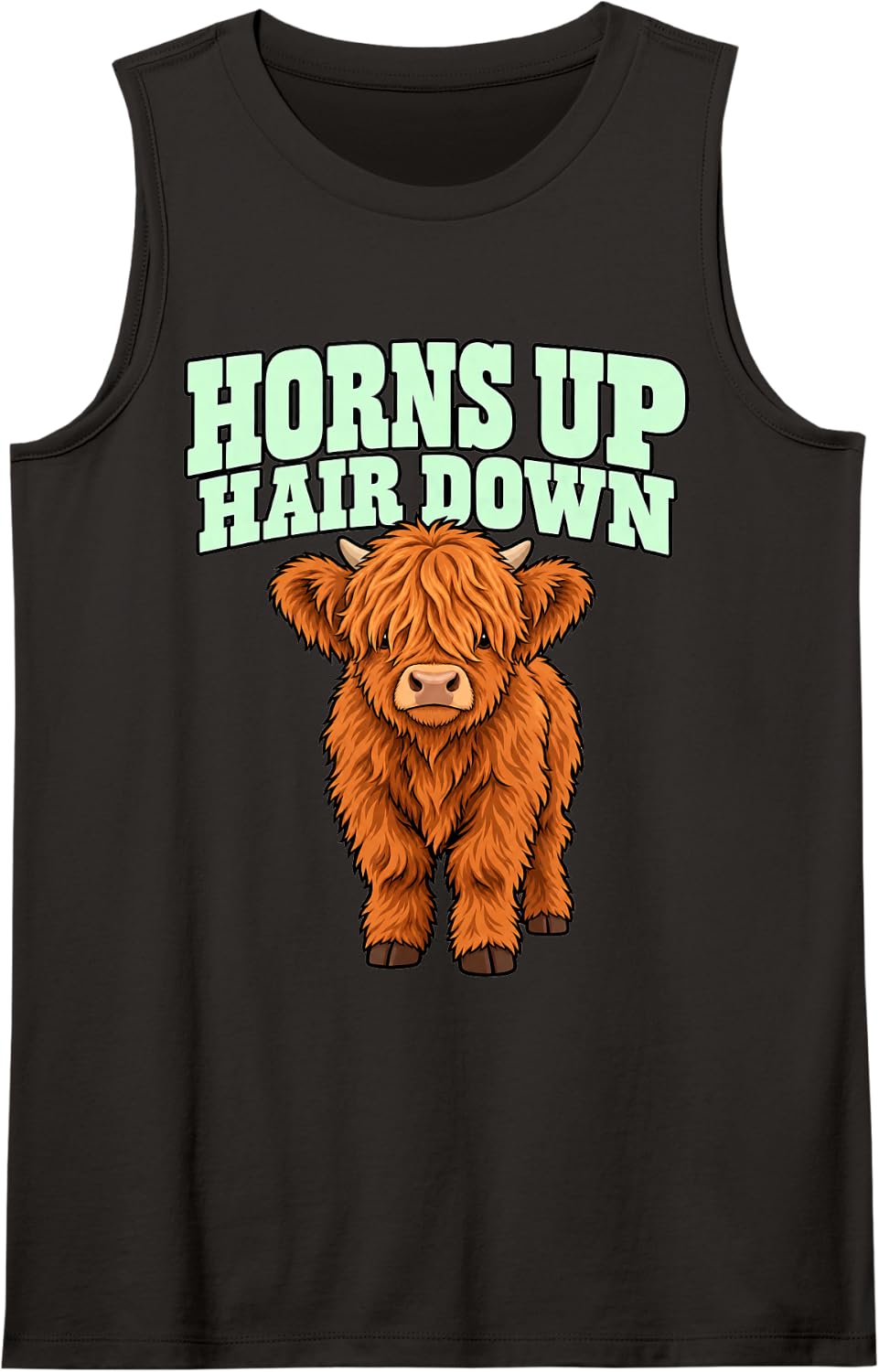 Highland Cow Horns Up Hair Down Farmhouse Fan Funny Sleeveless Tank Top - Black