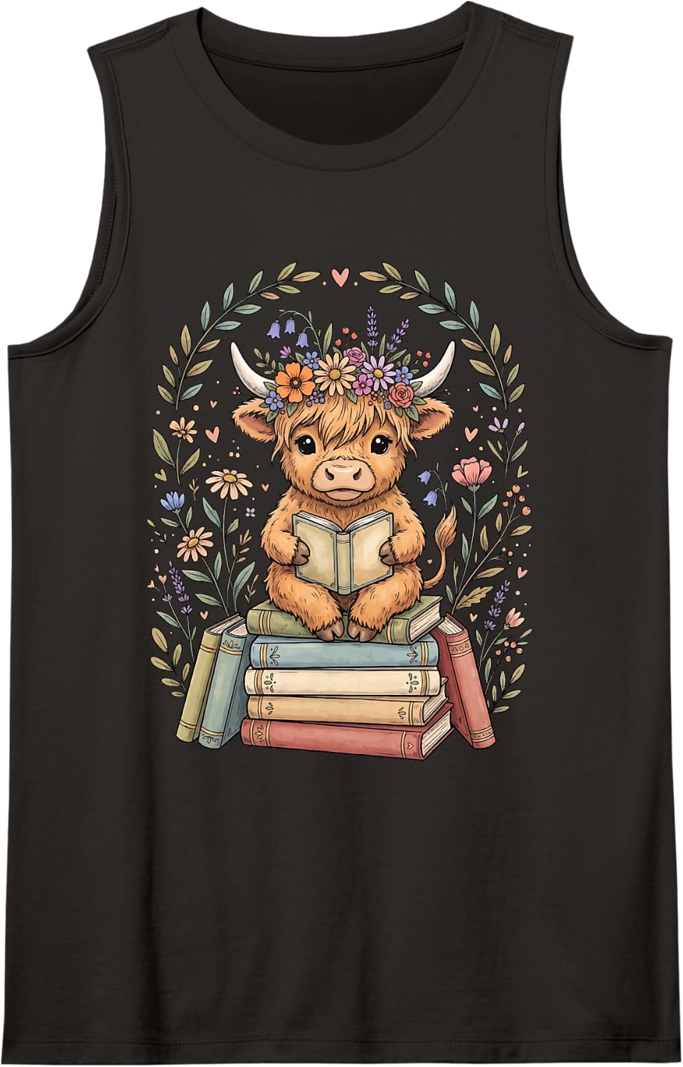 Highland Cow Reading Librarian Sleeveless Tank Top - Black