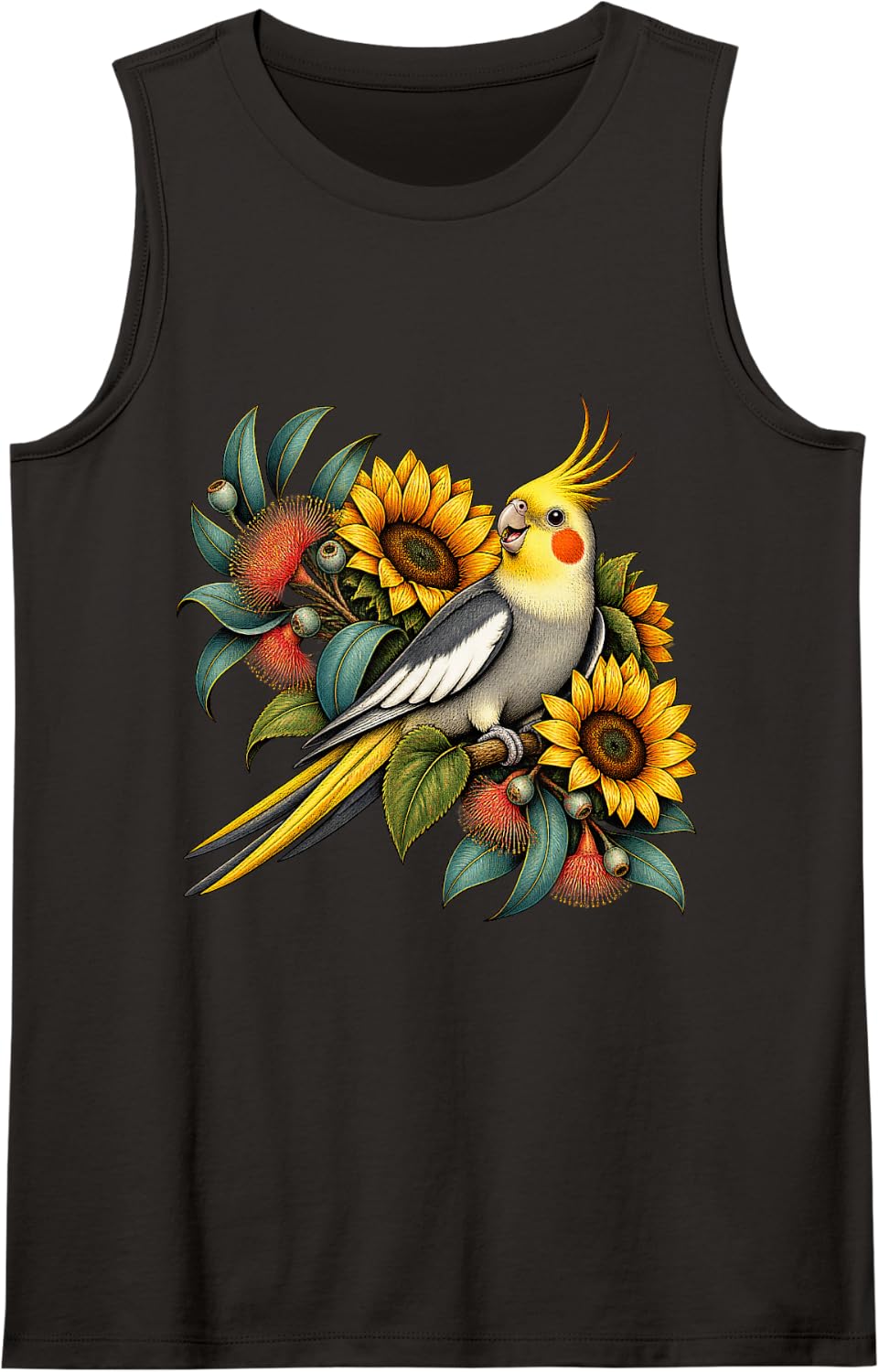 Cheerful Cockatiel with Sunflowers and Eucalyptus Tank Top - Black