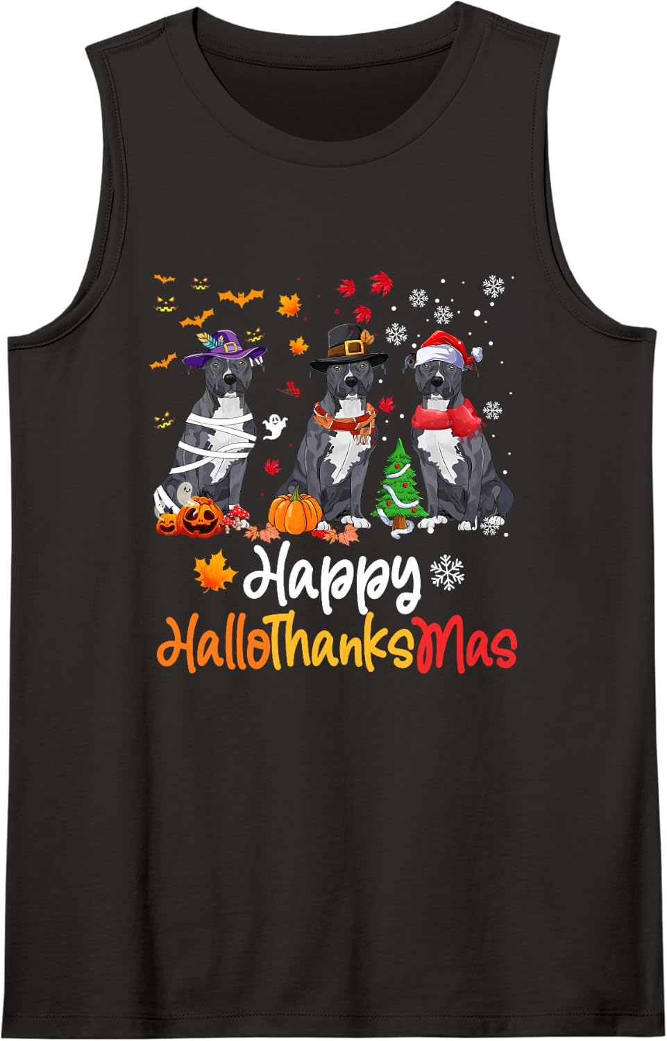 Pitbull Dog Halloween Christmas Happy Hallothanksmas Sleeveless Tank Top - Black