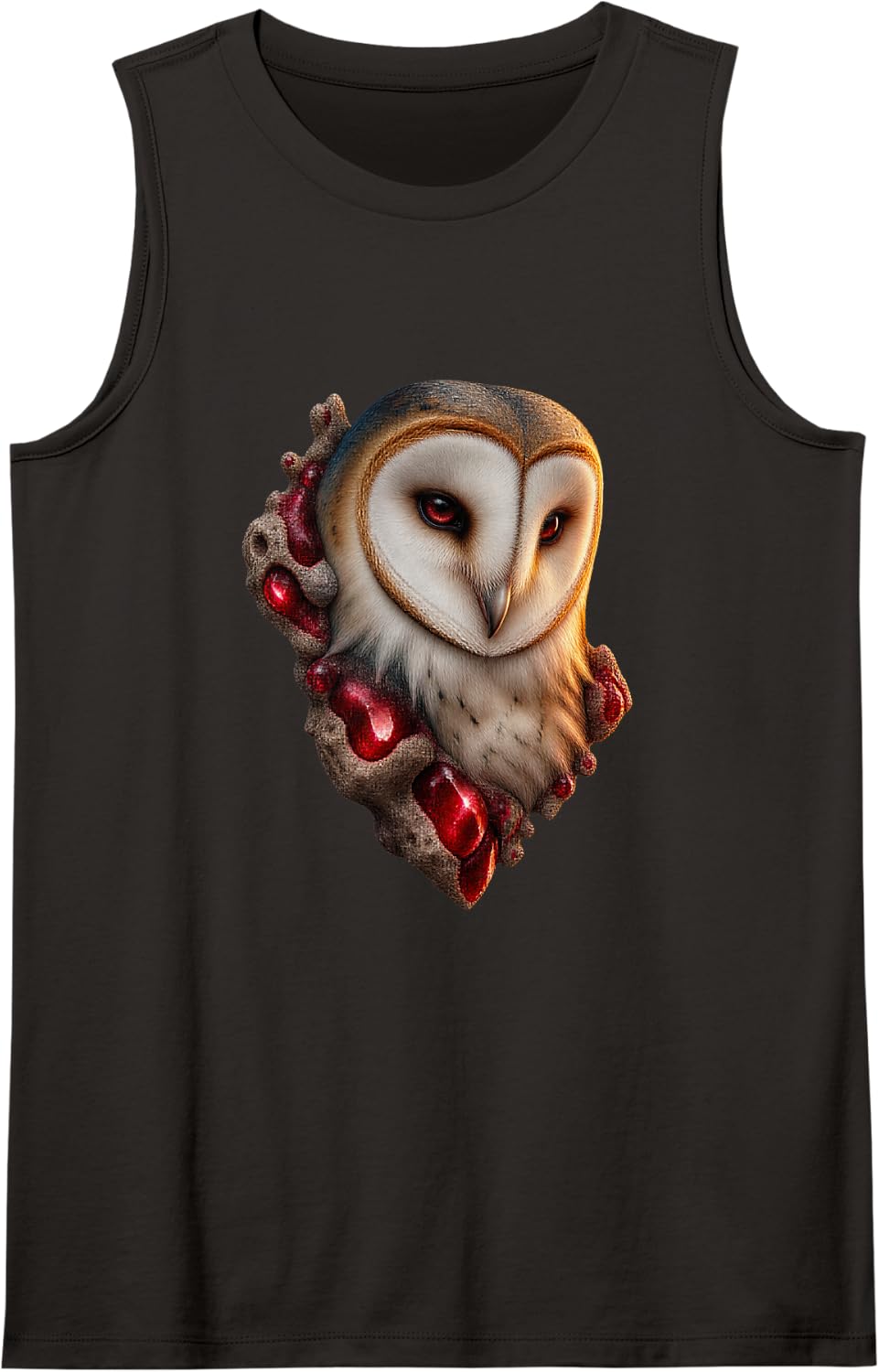 Barn Owl with Ruby Red Stone Nodes Sleeveless Tank Top - Black