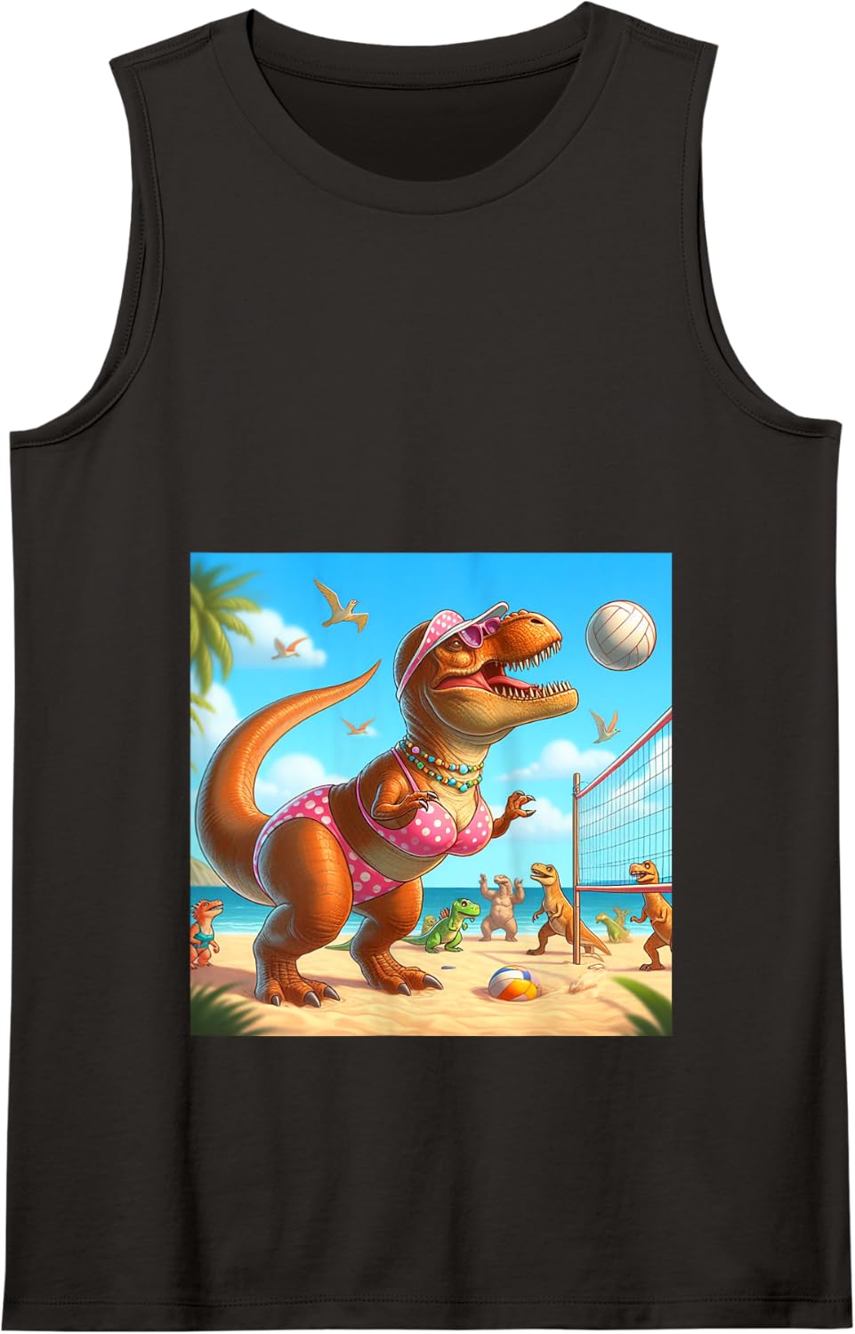 Trex Dinosaur wearing a Pink Bikini Playing Volleyball T-rex Tank Top - Black