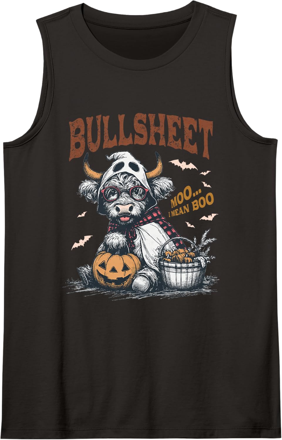 Bullsheet Funny Halloween Highland Cow Sleeveless Tank Top - Black