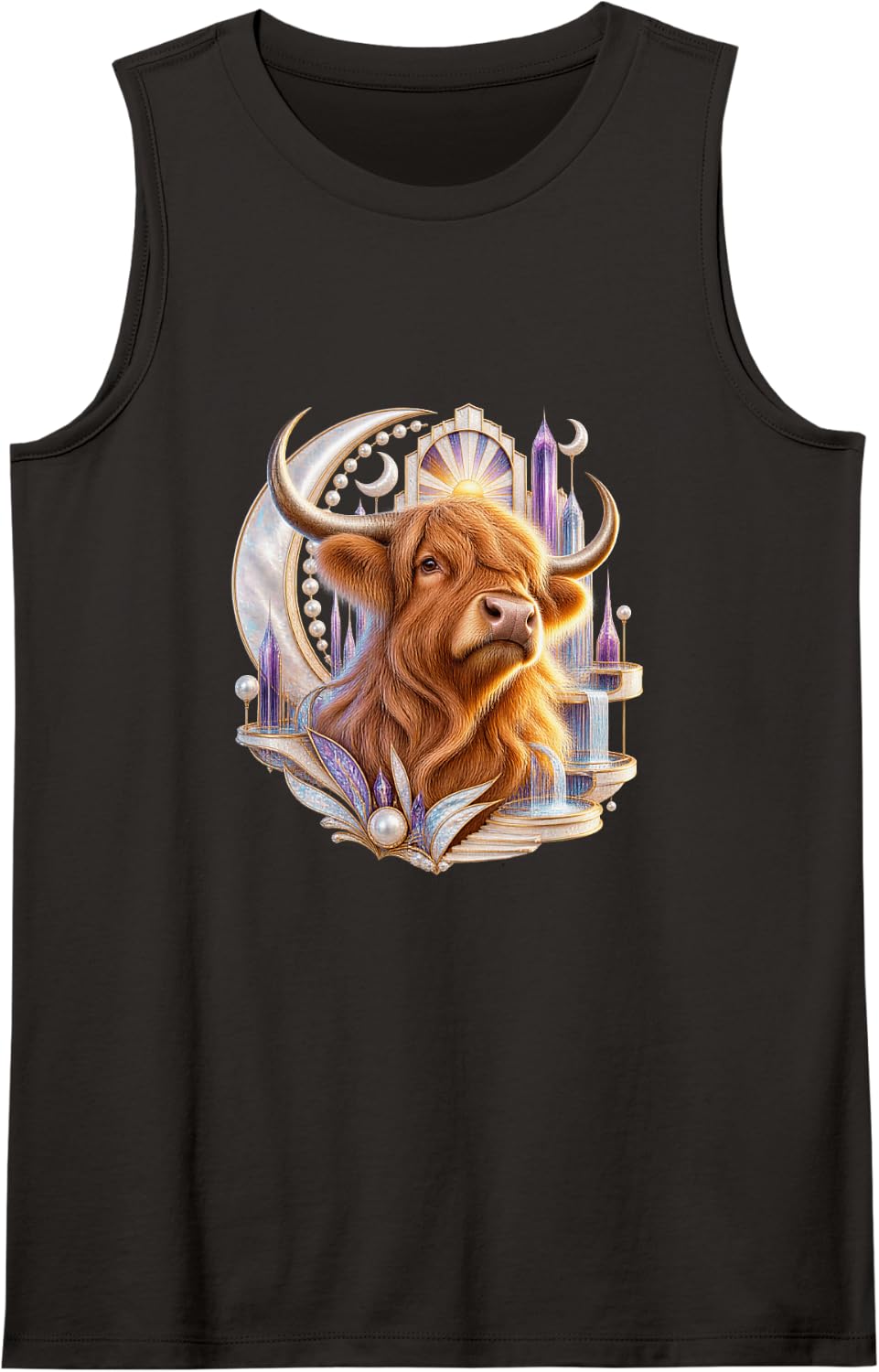 Highland Cow with Moonlit Violet Spires Sleeveless Tank Top - Black