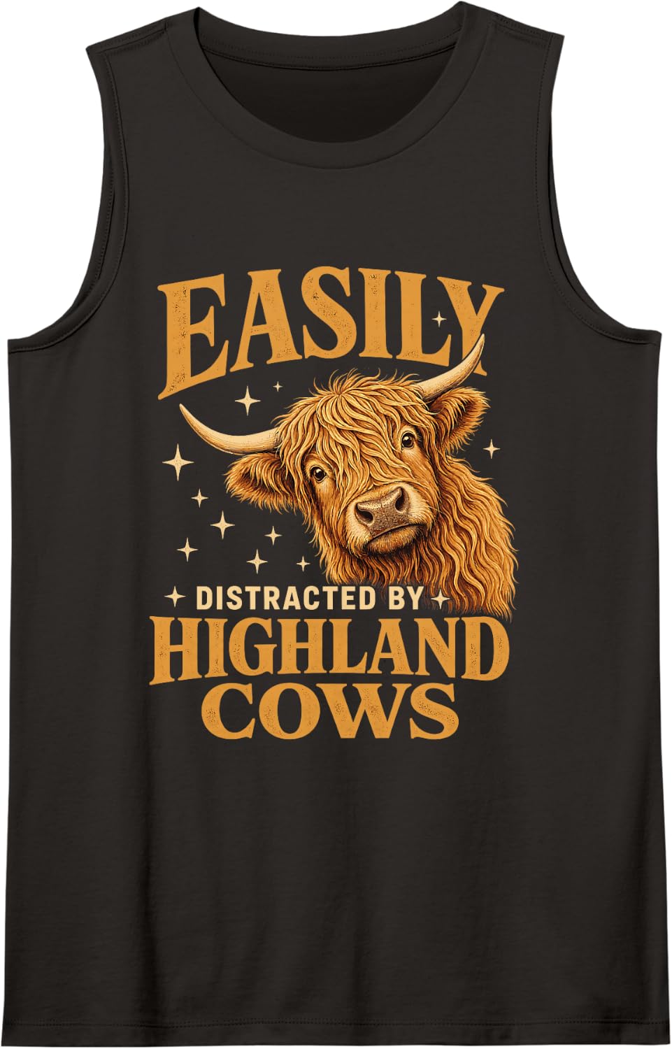 Easily Distracted By Highland Cow Funny Sleeveless Tank Top - Black