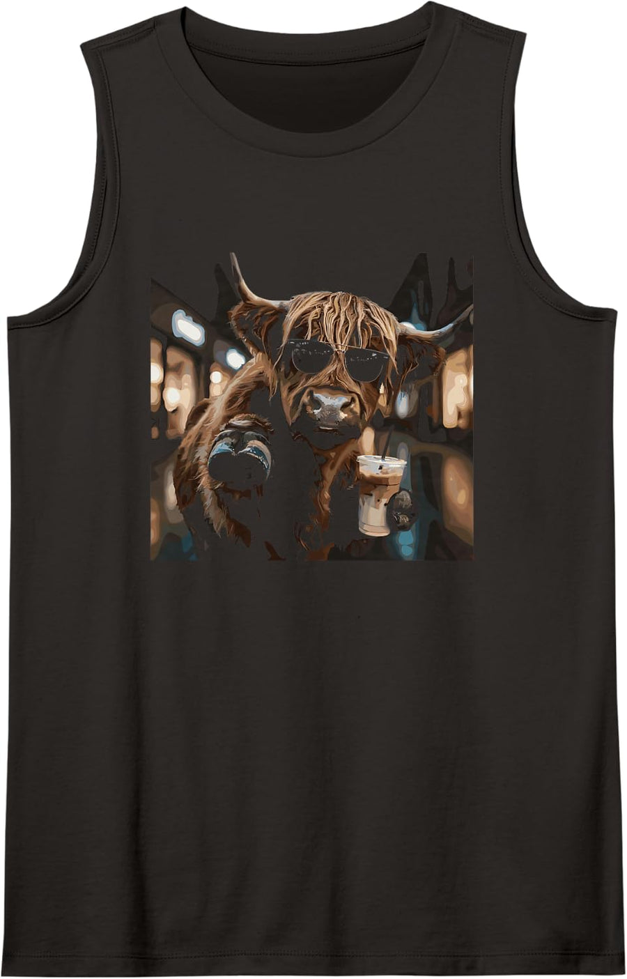 Fluffy Highland Cow with an Iced Coffee Funny Meme for Women Sleeveless Tank Top - Black
