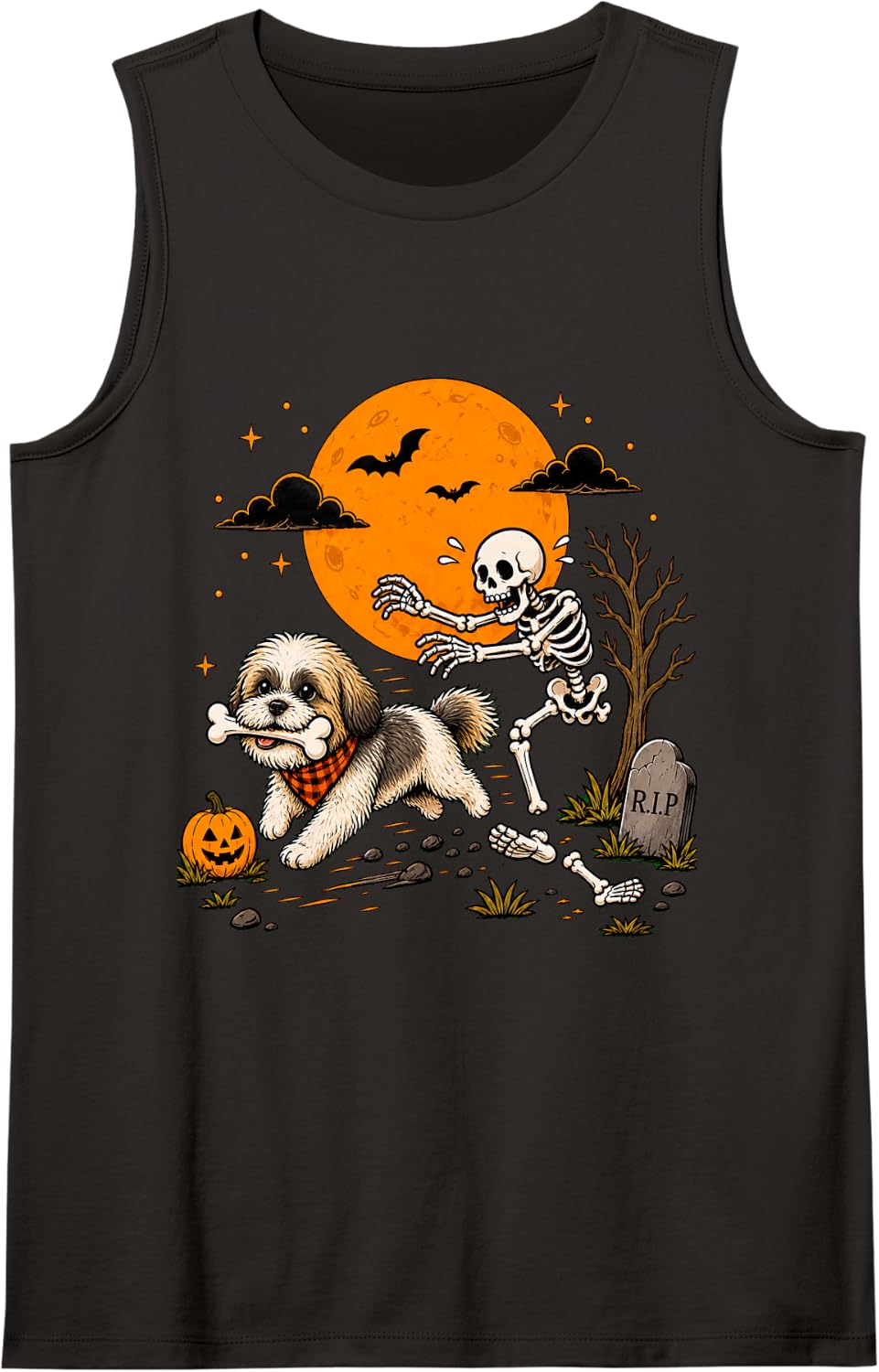 Halloween Dog Skeleton Funny Shih Tzu Men Women Sleeveless Tank Top - Black