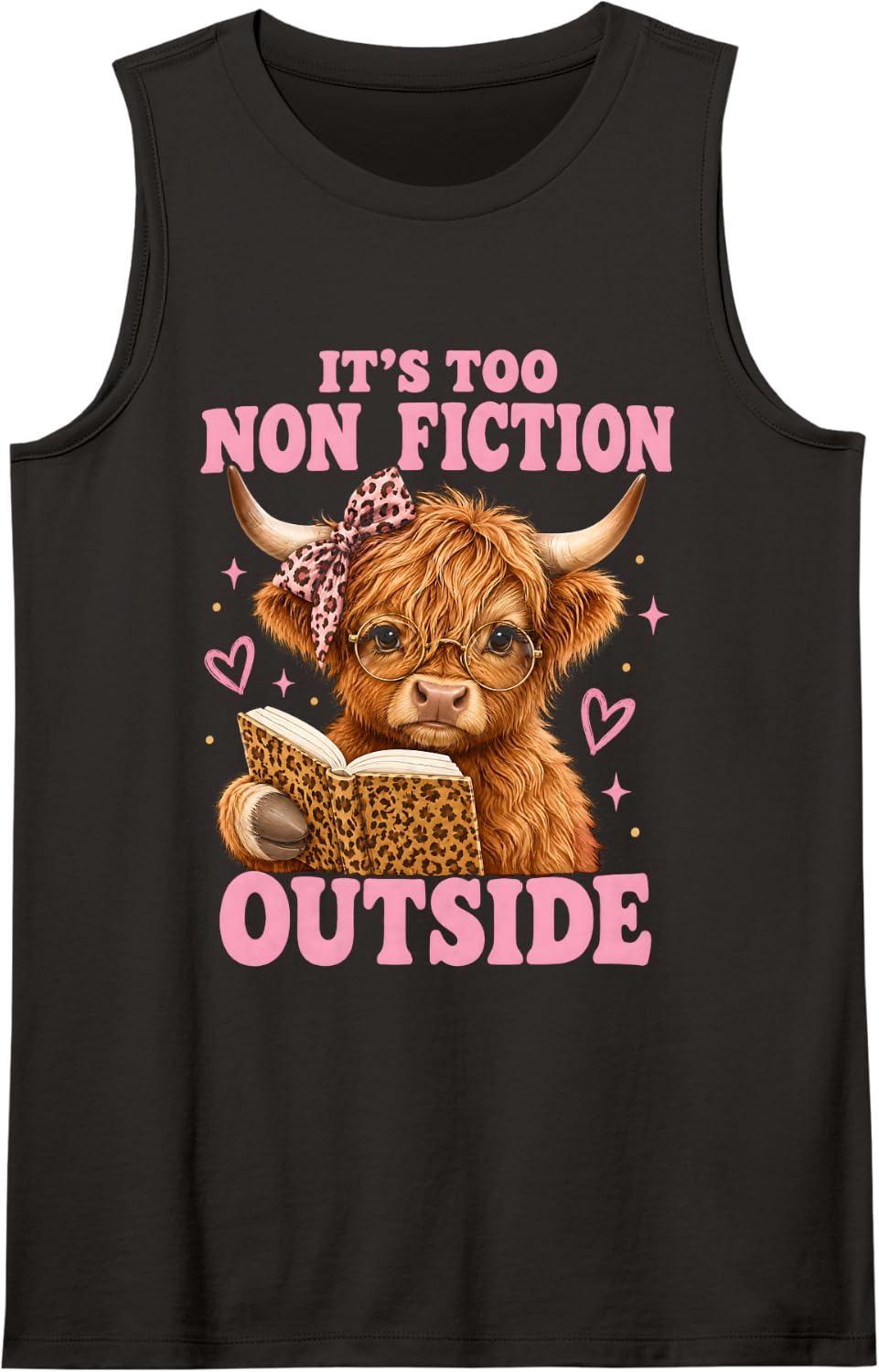 It's Too Nonfiction Outside Book Highland Cow Sleeveless Tank Top - Black
