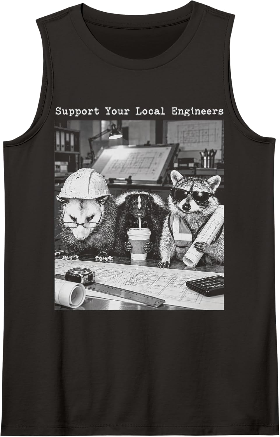 Opossum Skunk Raccoon Construction Crew Engineers Sleeveless Tank Top - Black