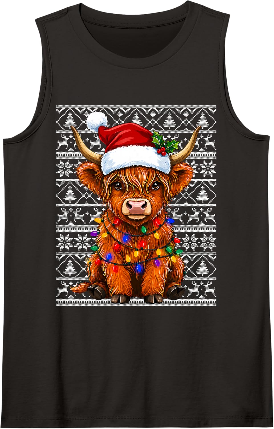 Cute Festive Highland Cow Ugly Christmas Lights Sleeveless Tank Top - Black