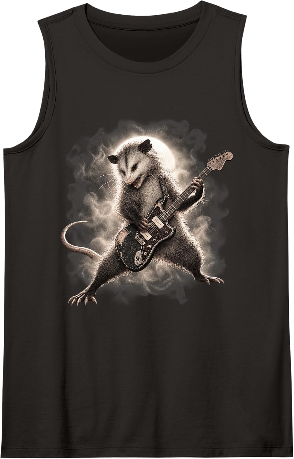 Funny Opossum Playing Electric Guitar Moonlight Musician Sleeveless Tank Top - Black