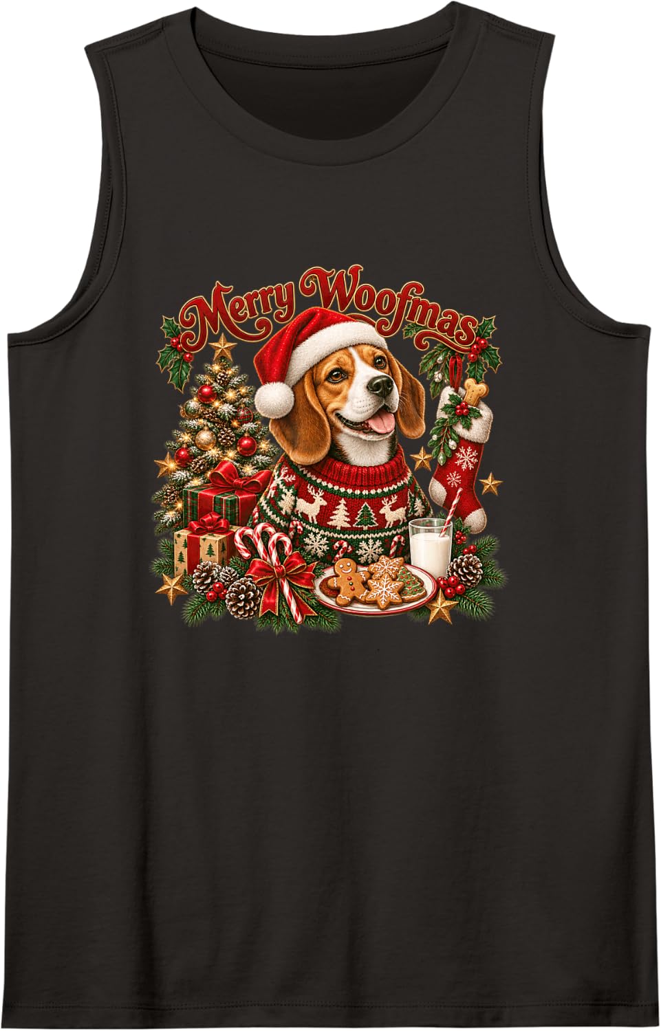 Merry Woofmas Beagle Santa Christmas Sleeveless Tank Top - Black