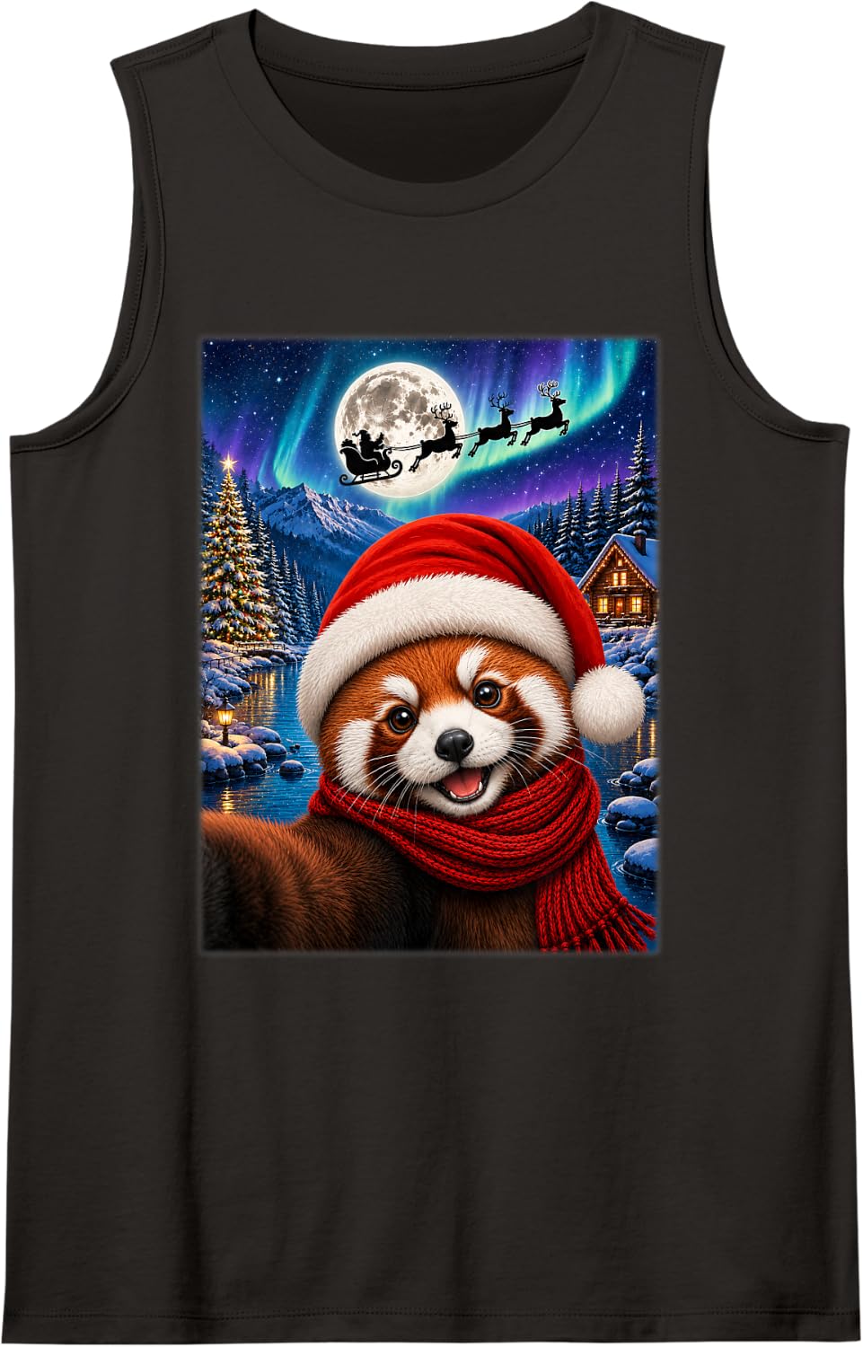 Red Panda Christmas Selfie Full Moon Night Santa Sleigh Xmas Tank Top - Black
