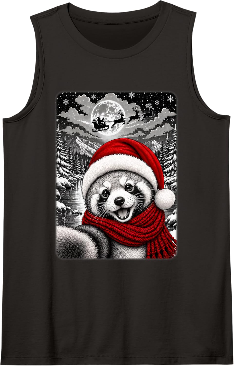Red Panda Christmas Selfie Full Moon Night Starry Sky Xmas Tank Top - Black