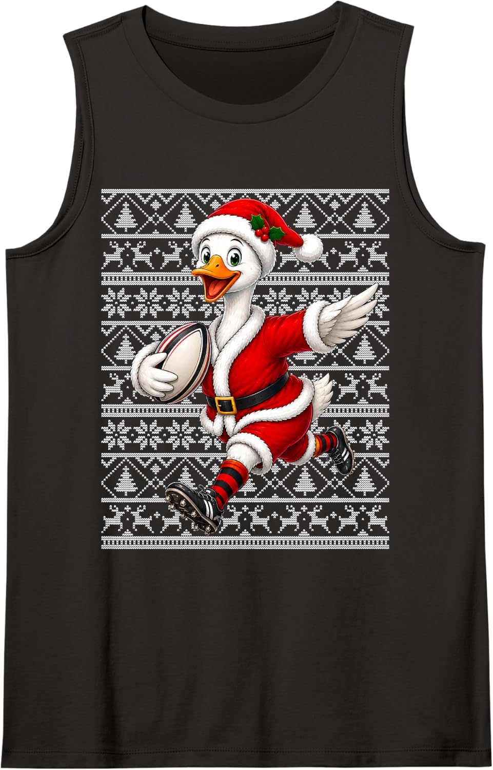 Ugly Xmas Santa Goose Duck Playing Rugby Christmas Sports Sleeveless Tank Top - Black