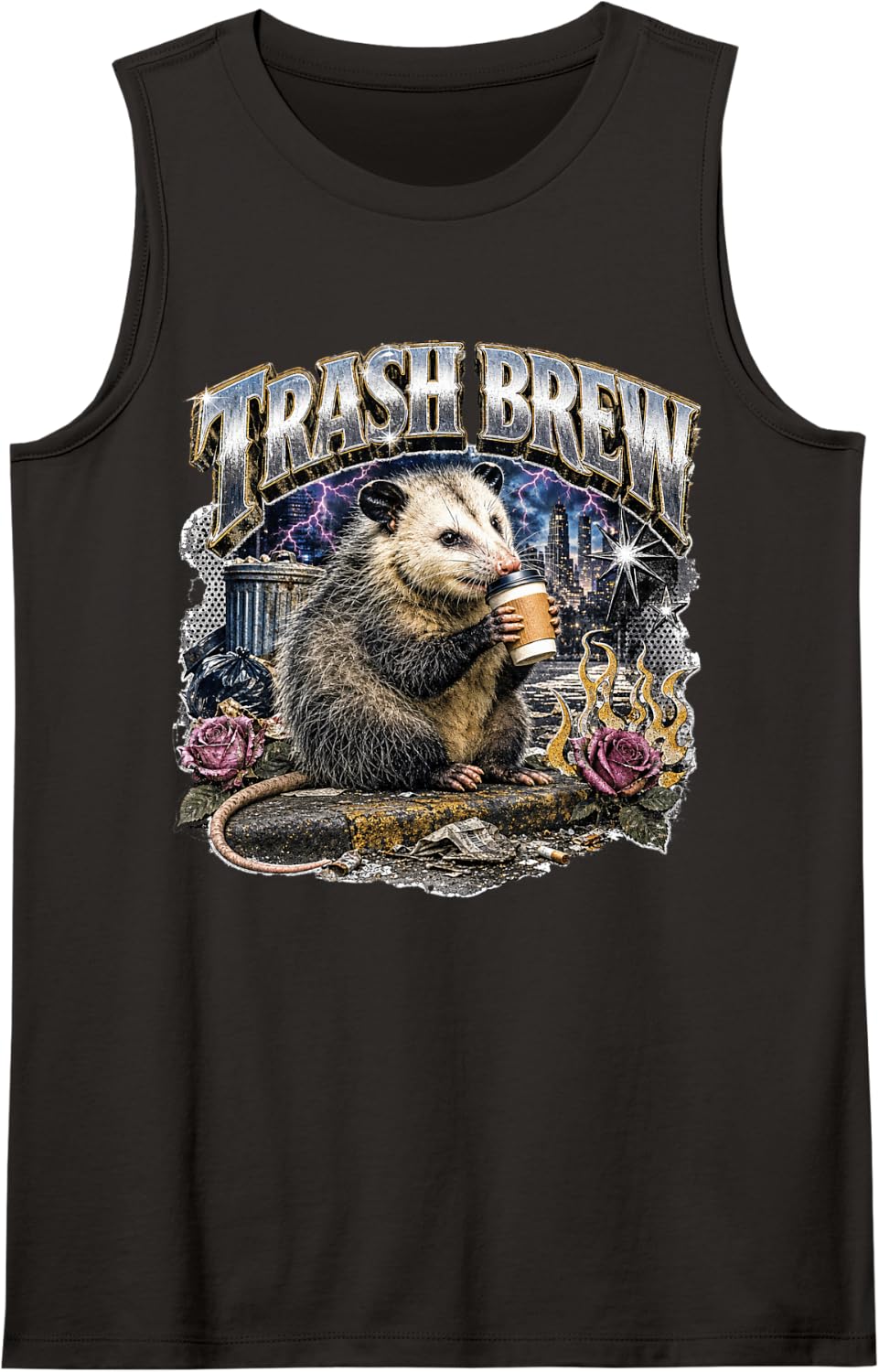 Trash Brew Opossum Coffee Humor Sleeveless Tank Top - Black