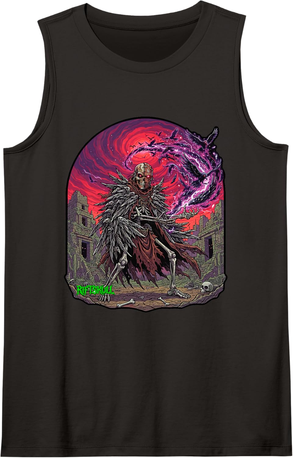 Native American Crow Shaman Skeleton Heavy Metal Rock Gothic Sleeveless Tank Top - Black