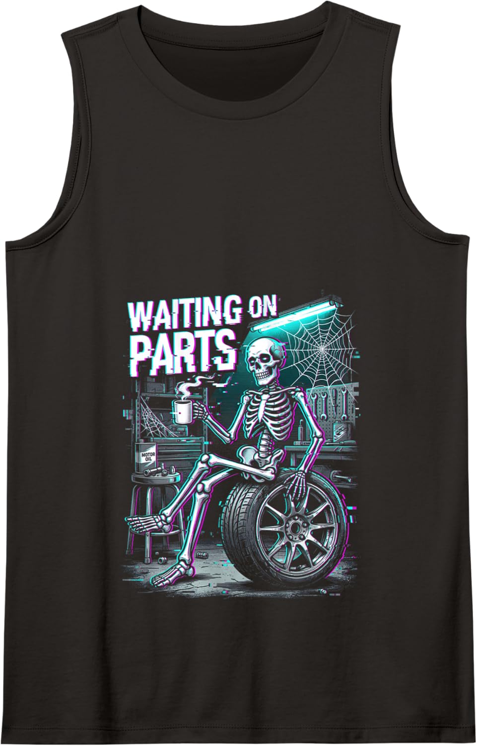 Waiting On Parts Skeleton Funny Mechanic Garage Humor Tank Top - Black