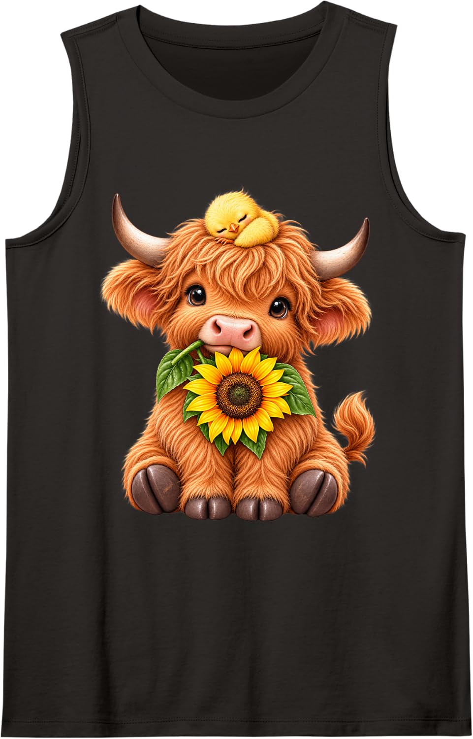 Cute Highland Cow Design Sunflower and Highland Cow Tank Top - Black